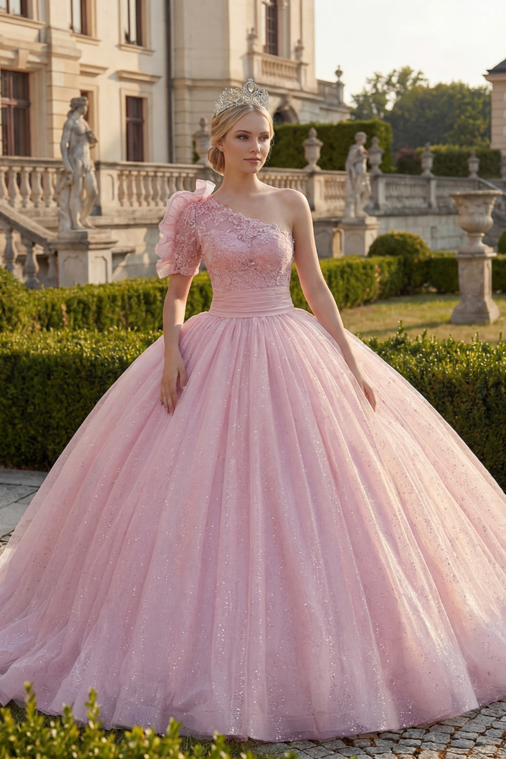 Glitter Pink Ruffled Ball Gown Princess Long Quinceanera Dress with Sleeves
