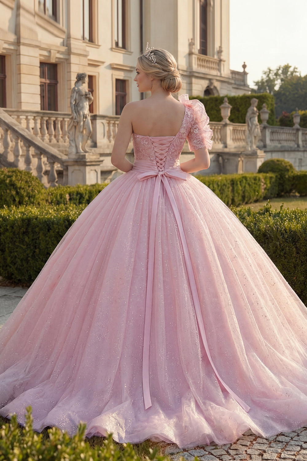 Glitter Pink Ruffled Ball Gown Princess Long Quinceanera Dress with Sleeves