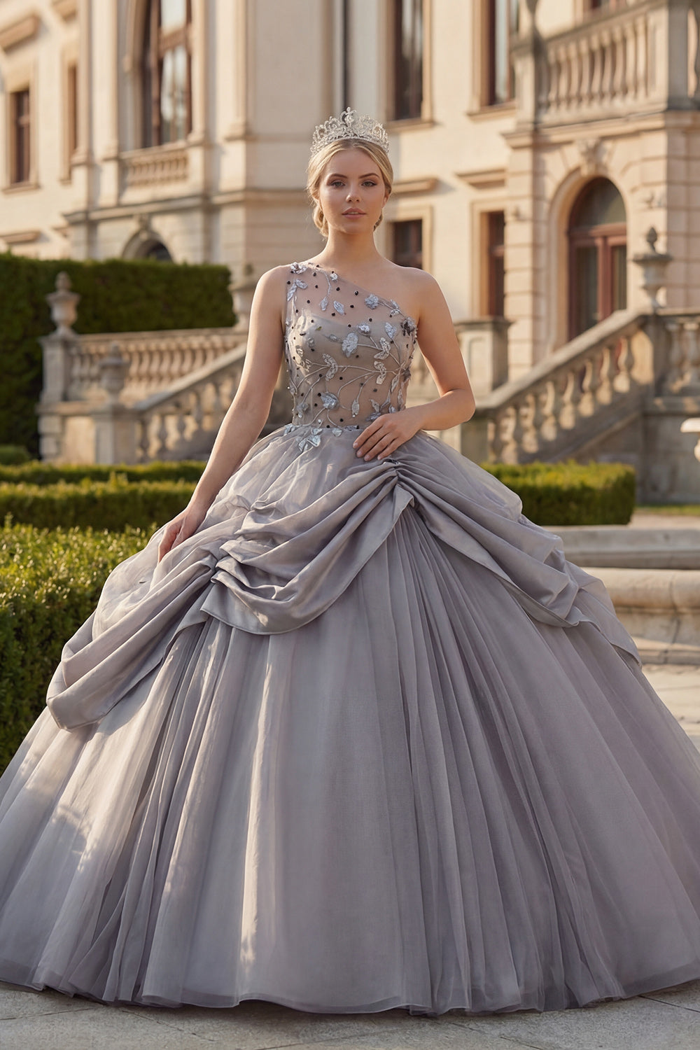Sparkly Light Grey Ruched Beaded Princess One Shoulder Long Quinceanera Dress