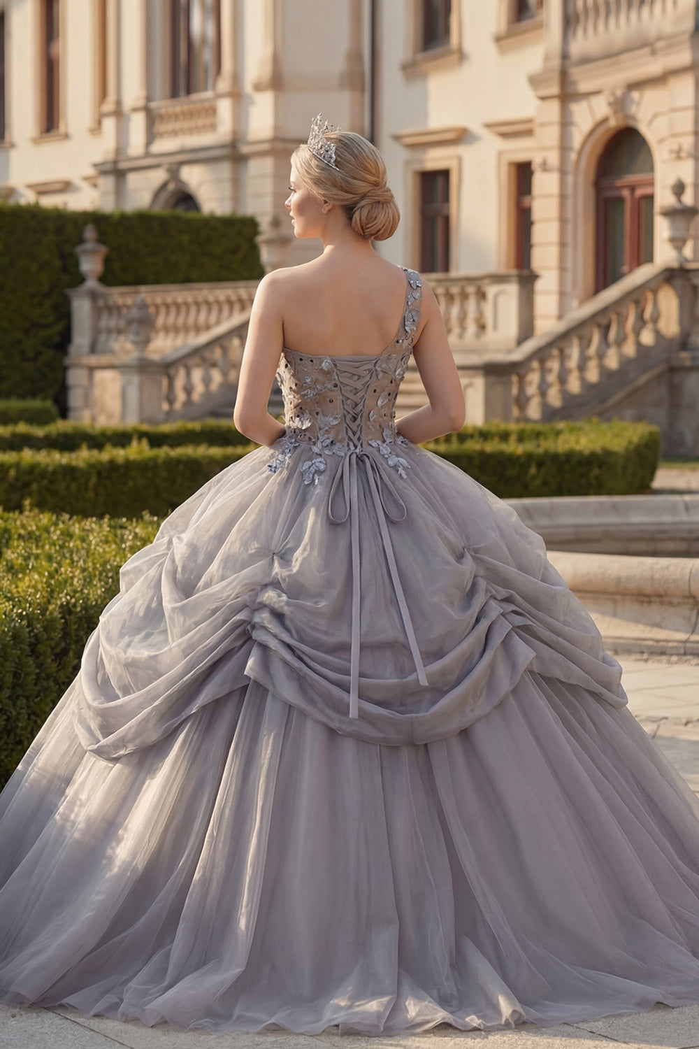 Sparkly Light Grey Ruched Beaded Princess One Shoulder Long Quinceanera Dress