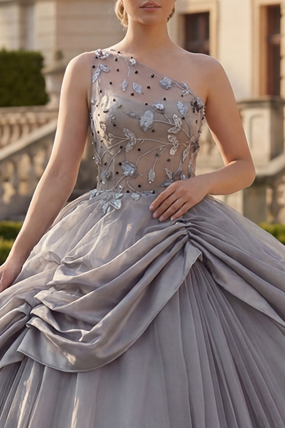 Sparkly Light Grey Ruched Beaded Princess One Shoulder Long Quinceanera Dress