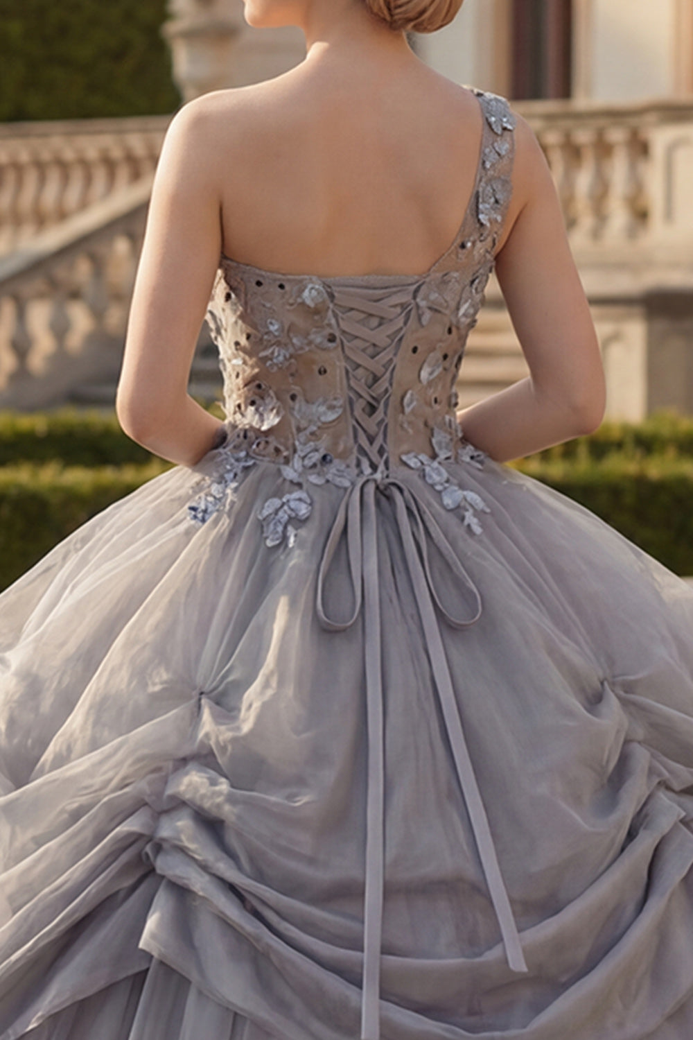 Sparkly Light Grey Ruched Beaded Princess One Shoulder Long Quinceanera Dress