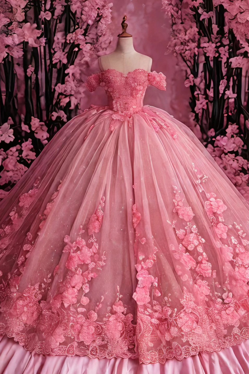 Pink Floral Ball Gown Long Quinceanera Dress Off the Shoulder Appliqued Tulle Sweet 16 Dress