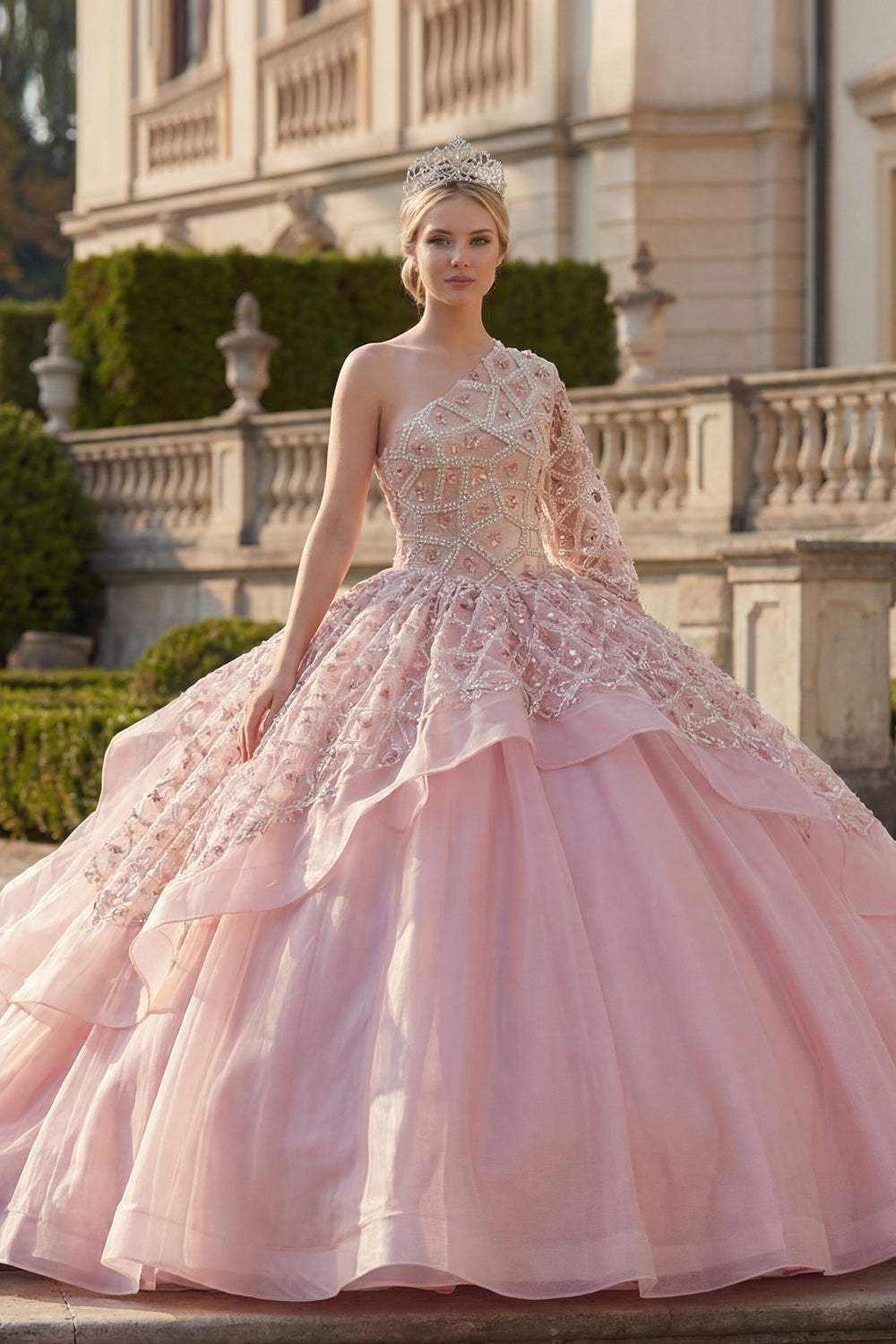 Sparkly Pink One Shoulder Princess Ball Gown Beaded Long Quinceanera Dress with Ruffles