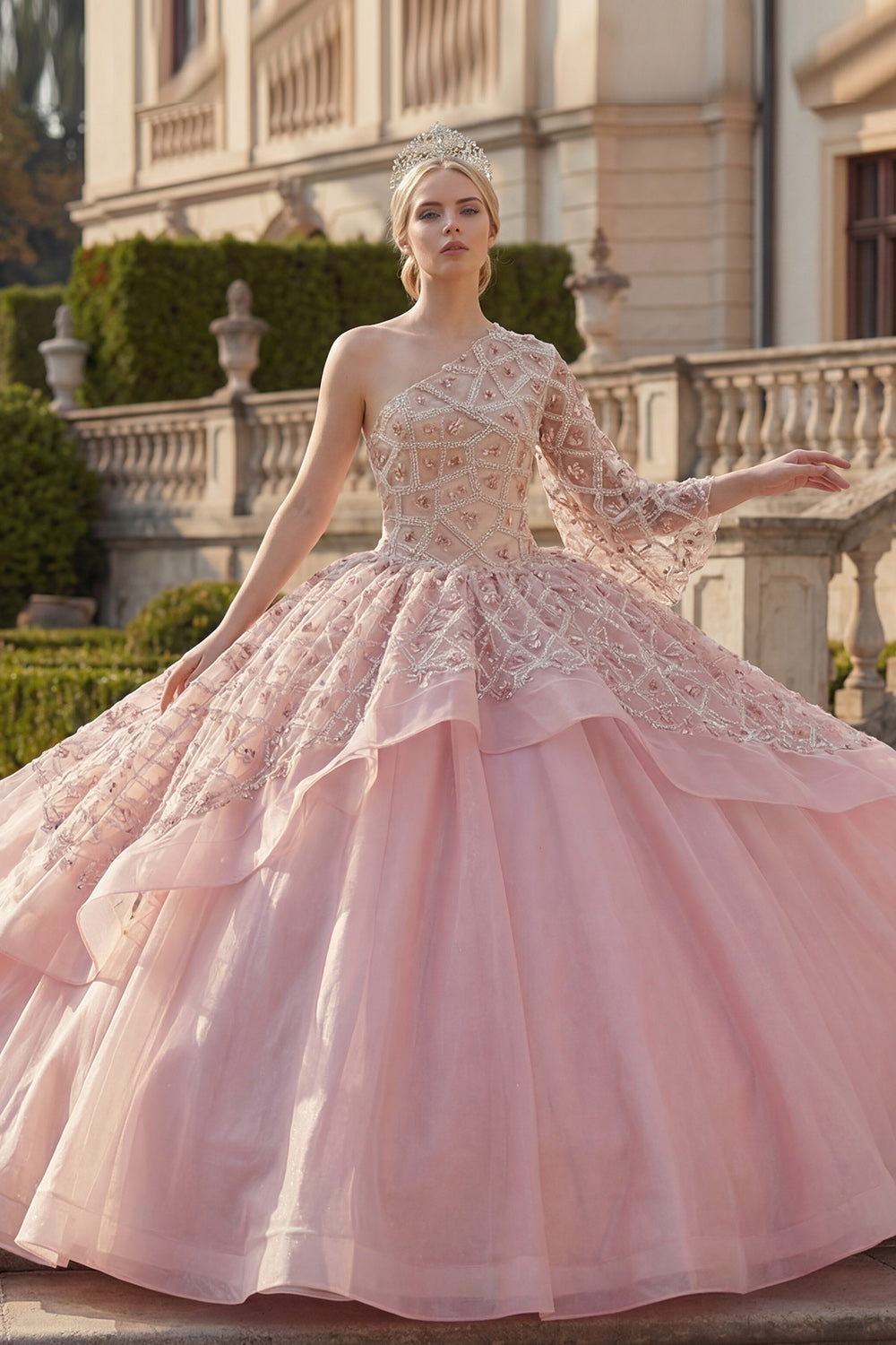 Sparkly Pink One Shoulder Princess Ball Gown Beaded Long Quinceanera Dress with Ruffles