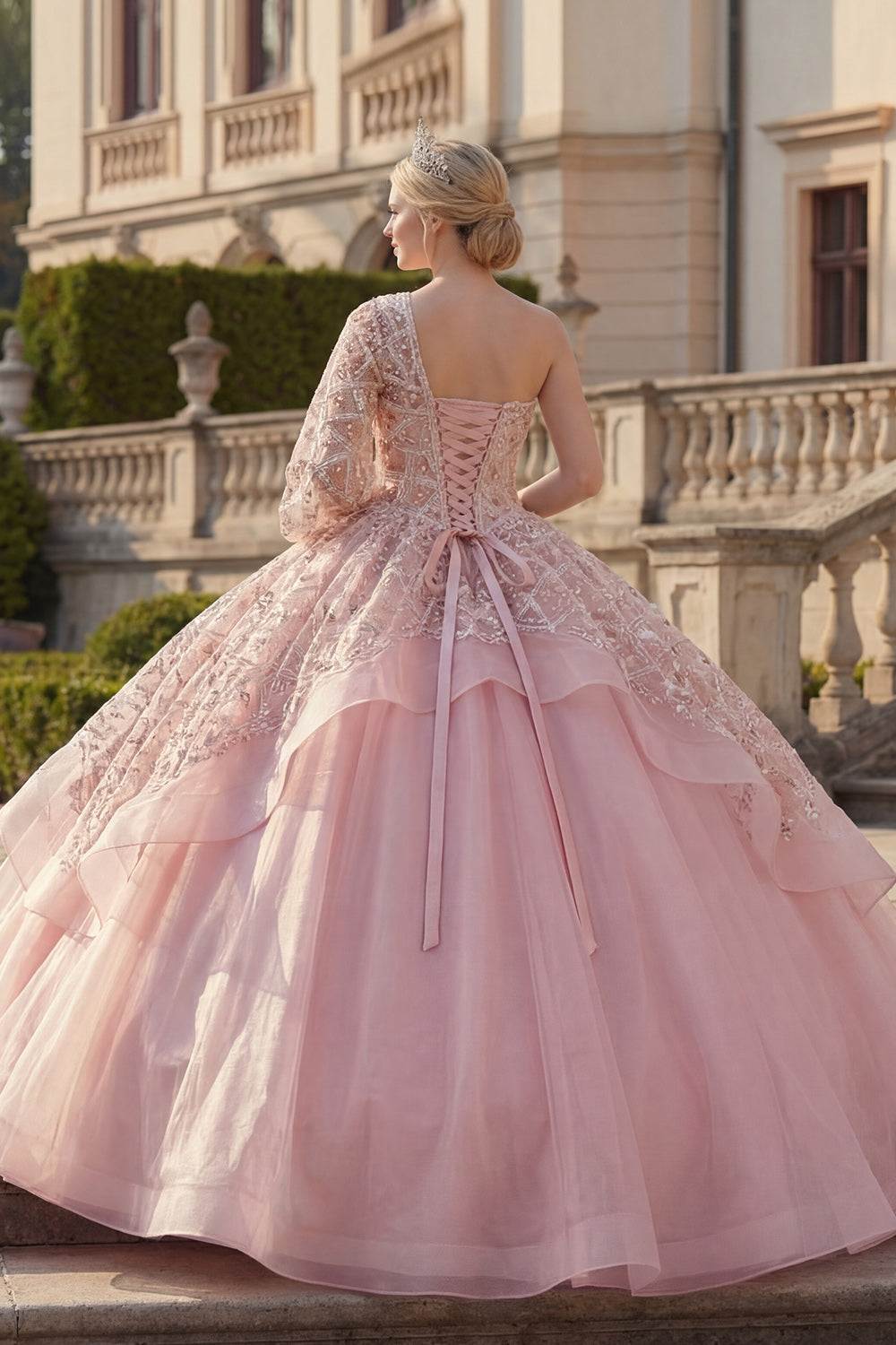 Sparkly Pink One Shoulder Princess Ball Gown Beaded Long Quinceanera Dress with Ruffles