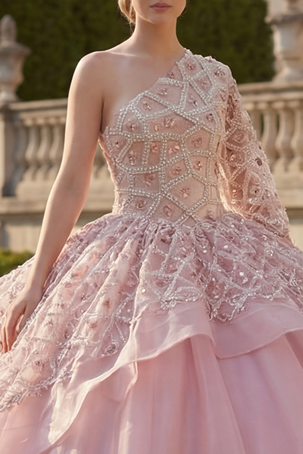 Sparkly Pink One Shoulder Princess Ball Gown Beaded Long Quinceanera Dress with Ruffles