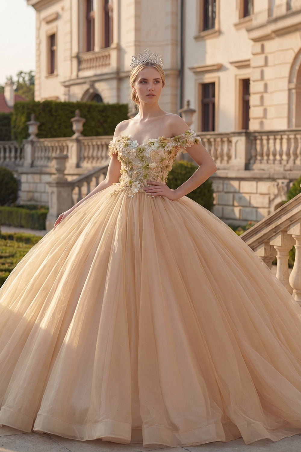 Champagne Floral Tulle Off the Shoulder Princess Long Quinceanera Dress