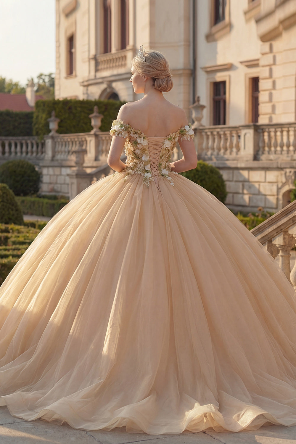 Champagne Floral Tulle Off the Shoulder Princess Long Quinceanera Dress