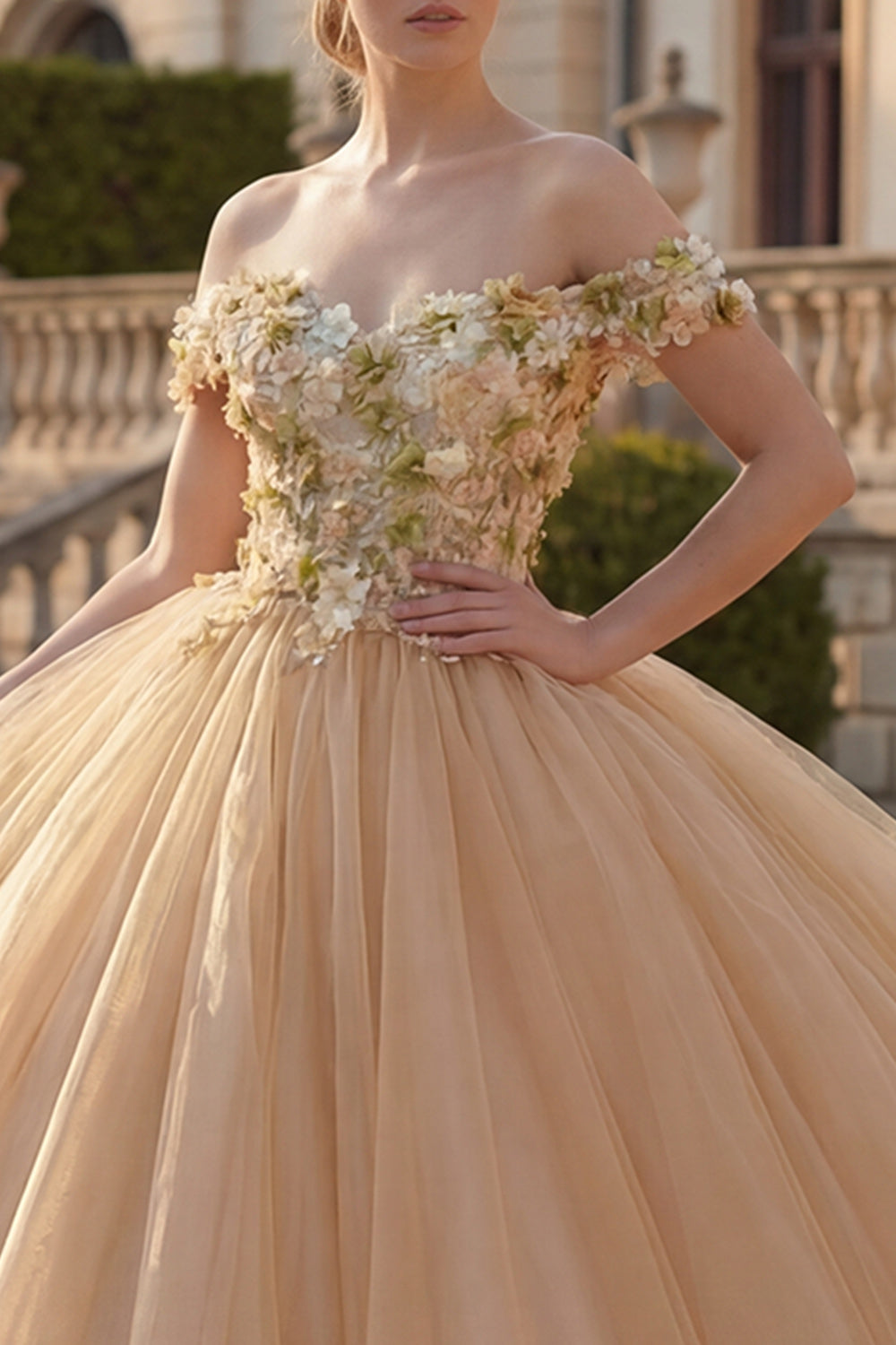 Champagne Floral Tulle Off the Shoulder Princess Long Quinceanera Dress