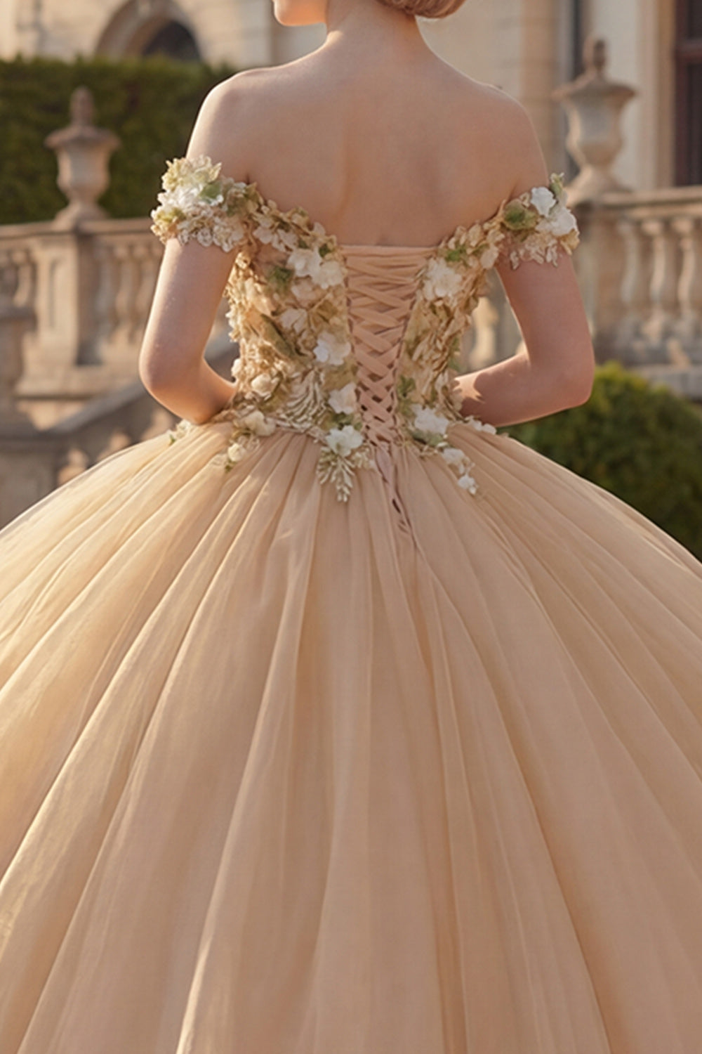 Champagne Floral Tulle Off the Shoulder Princess Long Quinceanera Dress