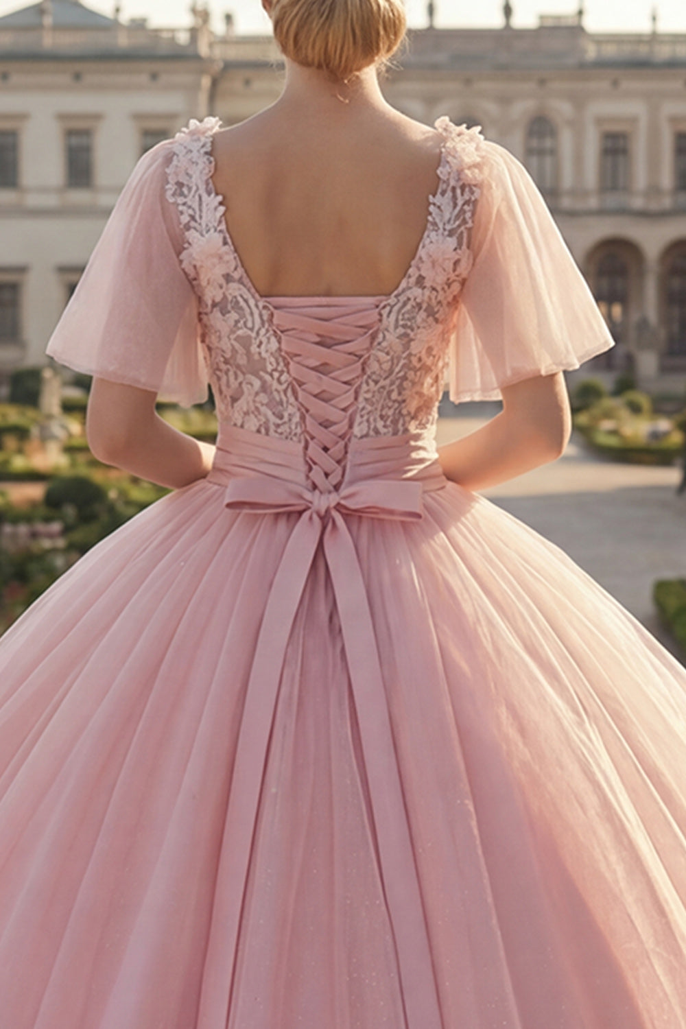 Pink Flutter Sleeves Floral Princess Glitter Long Beaded Quinceanera Dress