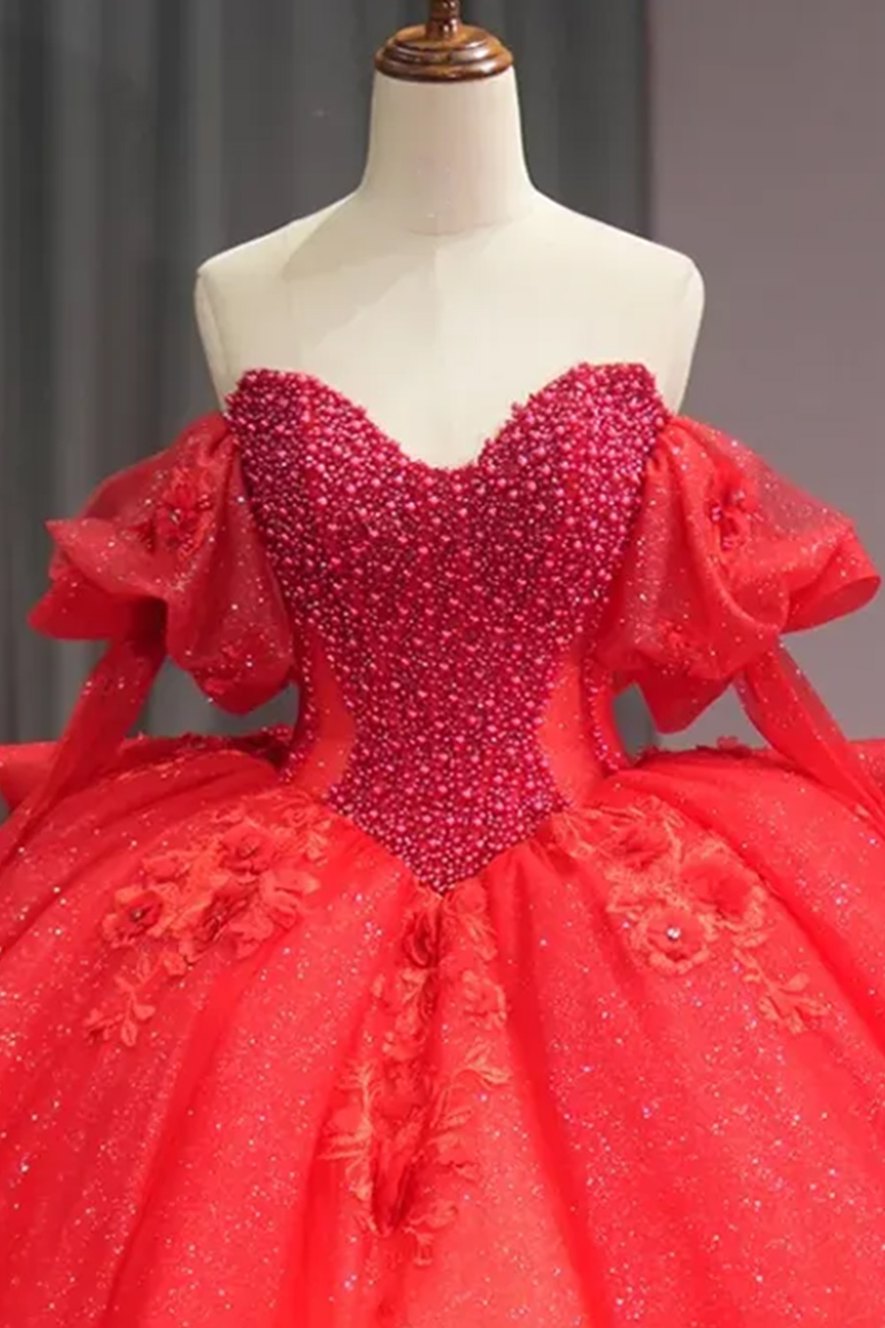 Red Ball Gown Sparkly Floral Long Quinceanera Dress with Beading