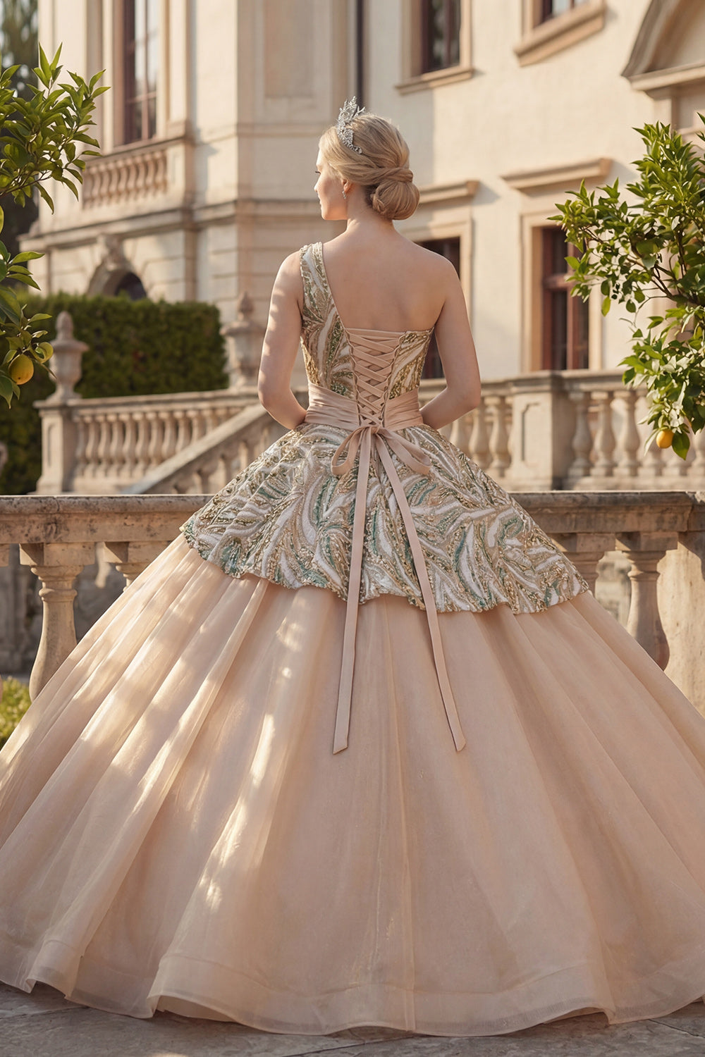 Sparkly Champagne One Shoulder Sequin Ball Gown Princess Long Quinceanera Dress