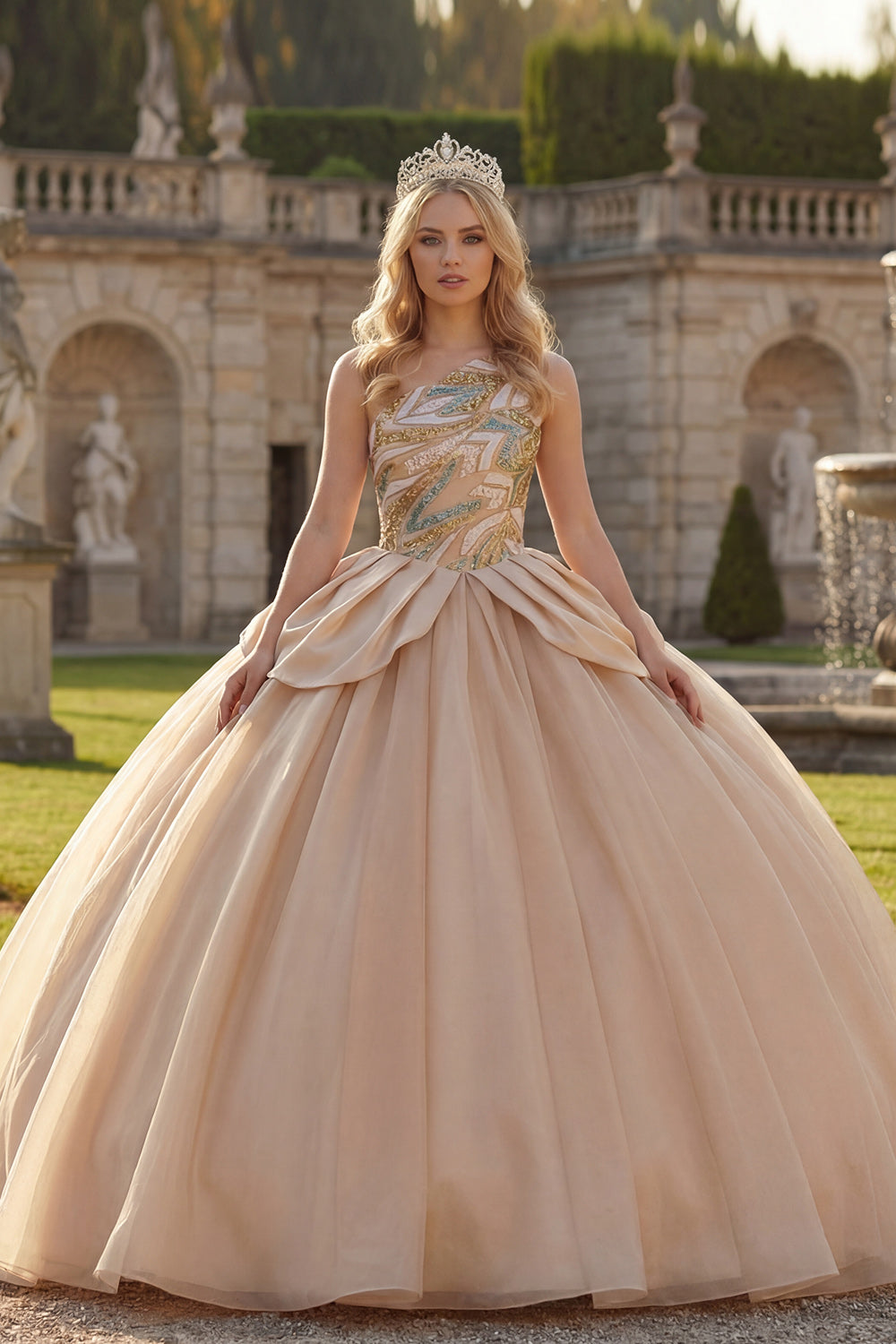 Sparkly Long Champagne Sequin Princess Quinceanera Dress with Ruffles