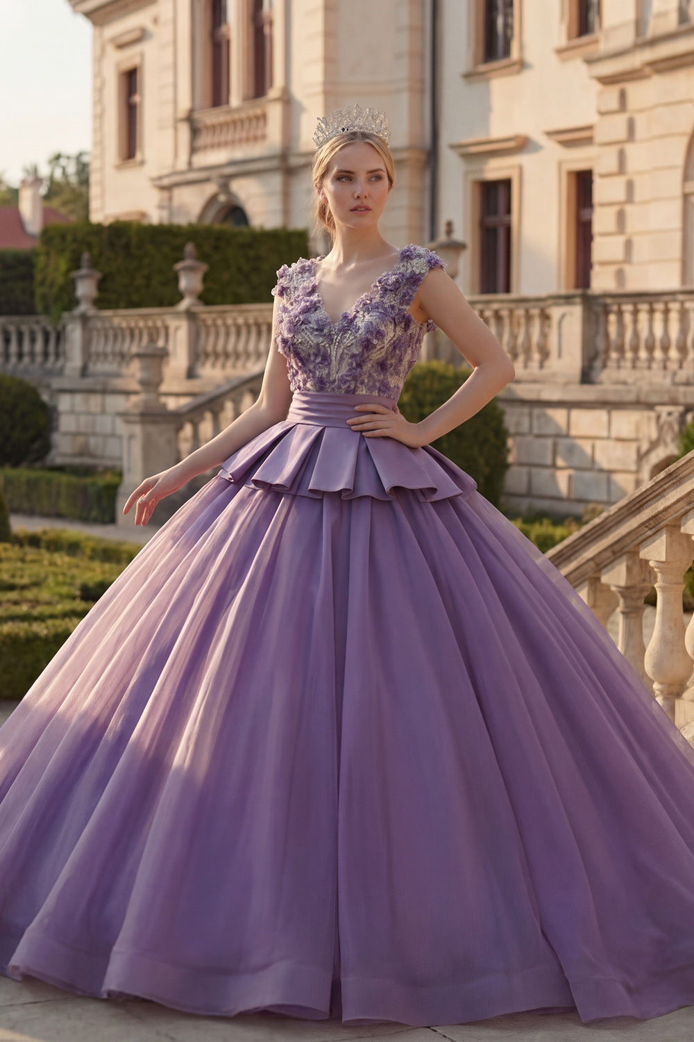 Purple Floral V-Neck Princess Long Quinceanera Dress with Ruffles