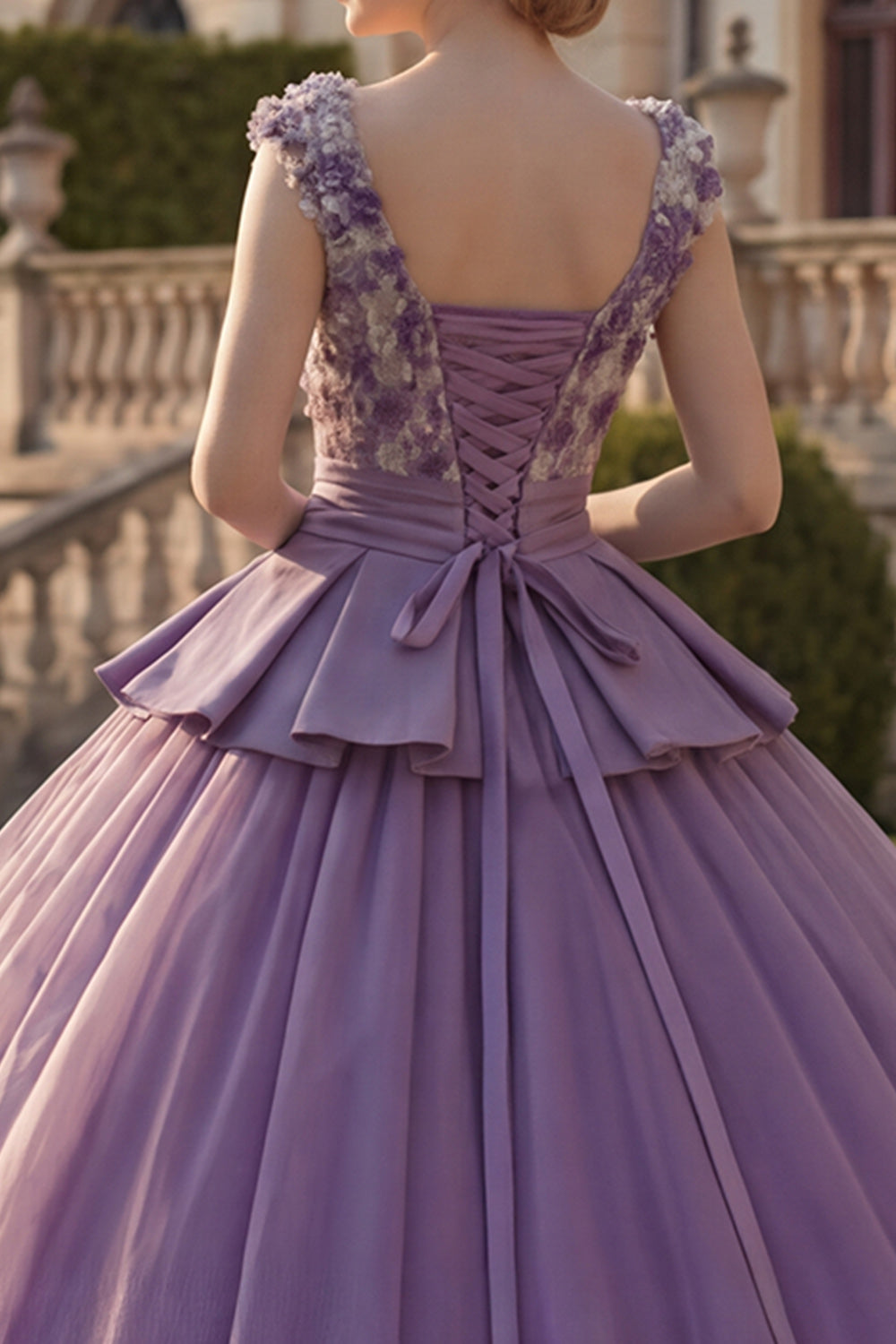 Purple Floral V-Neck Princess Long Quinceanera Dress with Ruffles