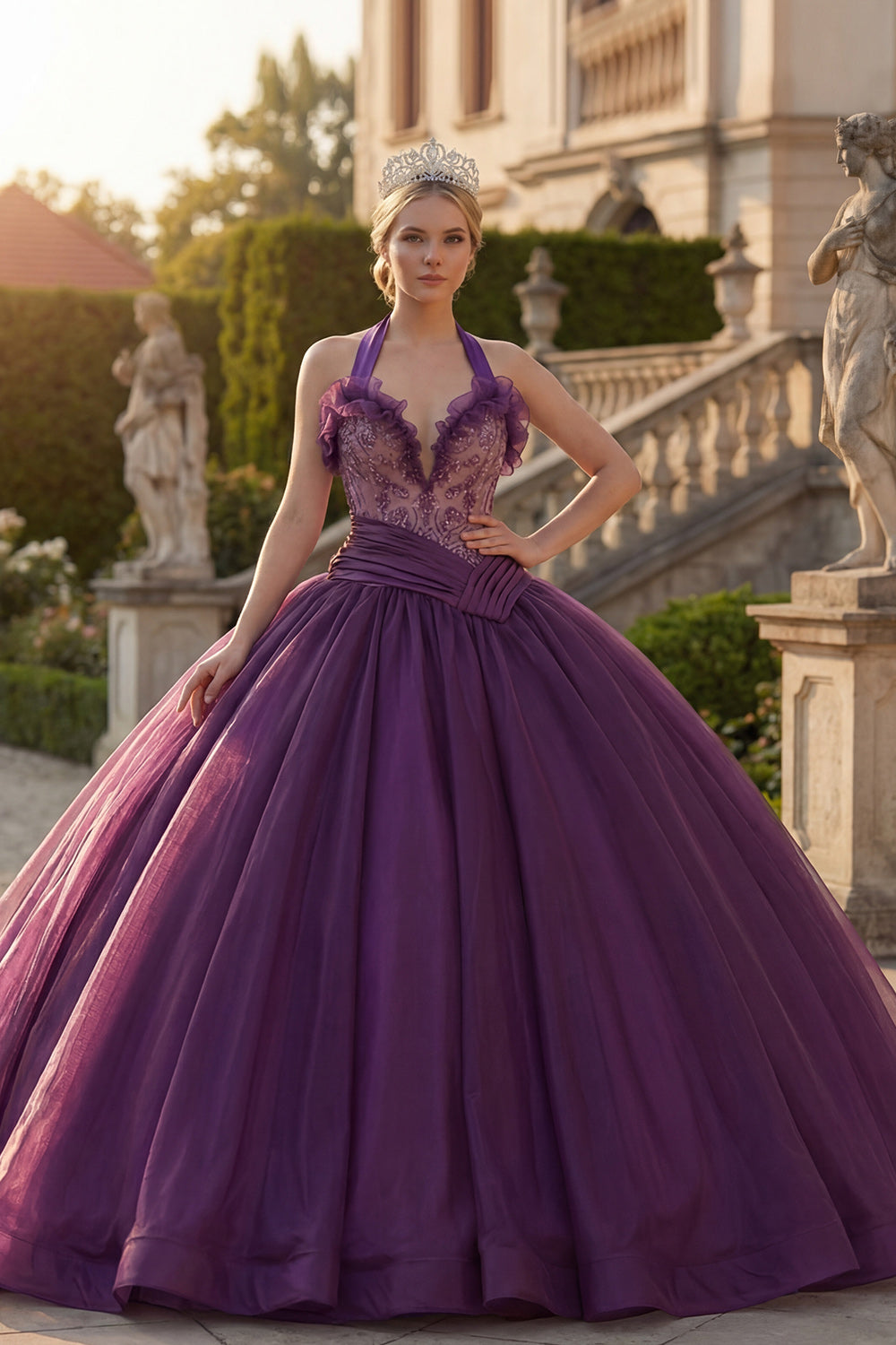 Sparkly Dark Purple Halter Princess Beaded Long Quinceanera Dress with Ruffles