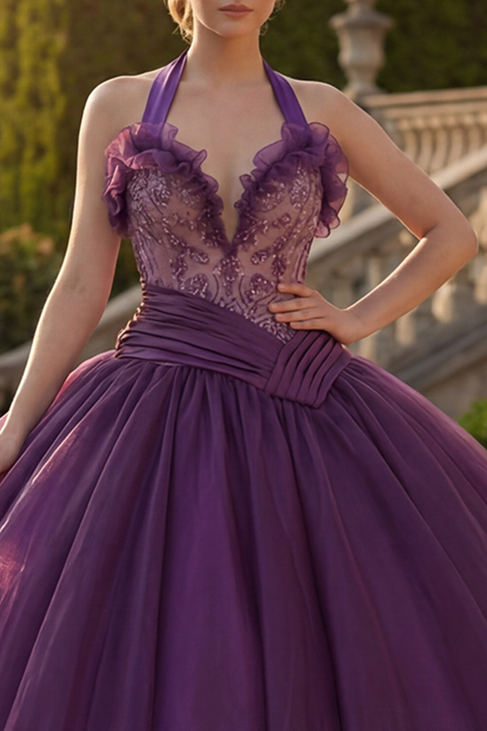 Sparkly Dark Purple Halter Princess Beaded Long Quinceanera Dress with Ruffles