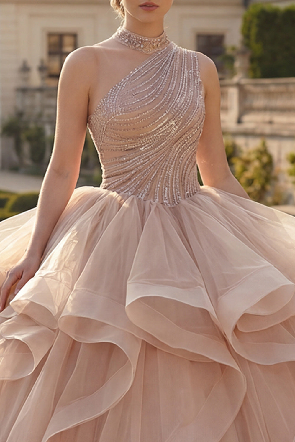 Sparkly Champagne Ruffled Princess Long Tulle Quinceanera Dress with Beading