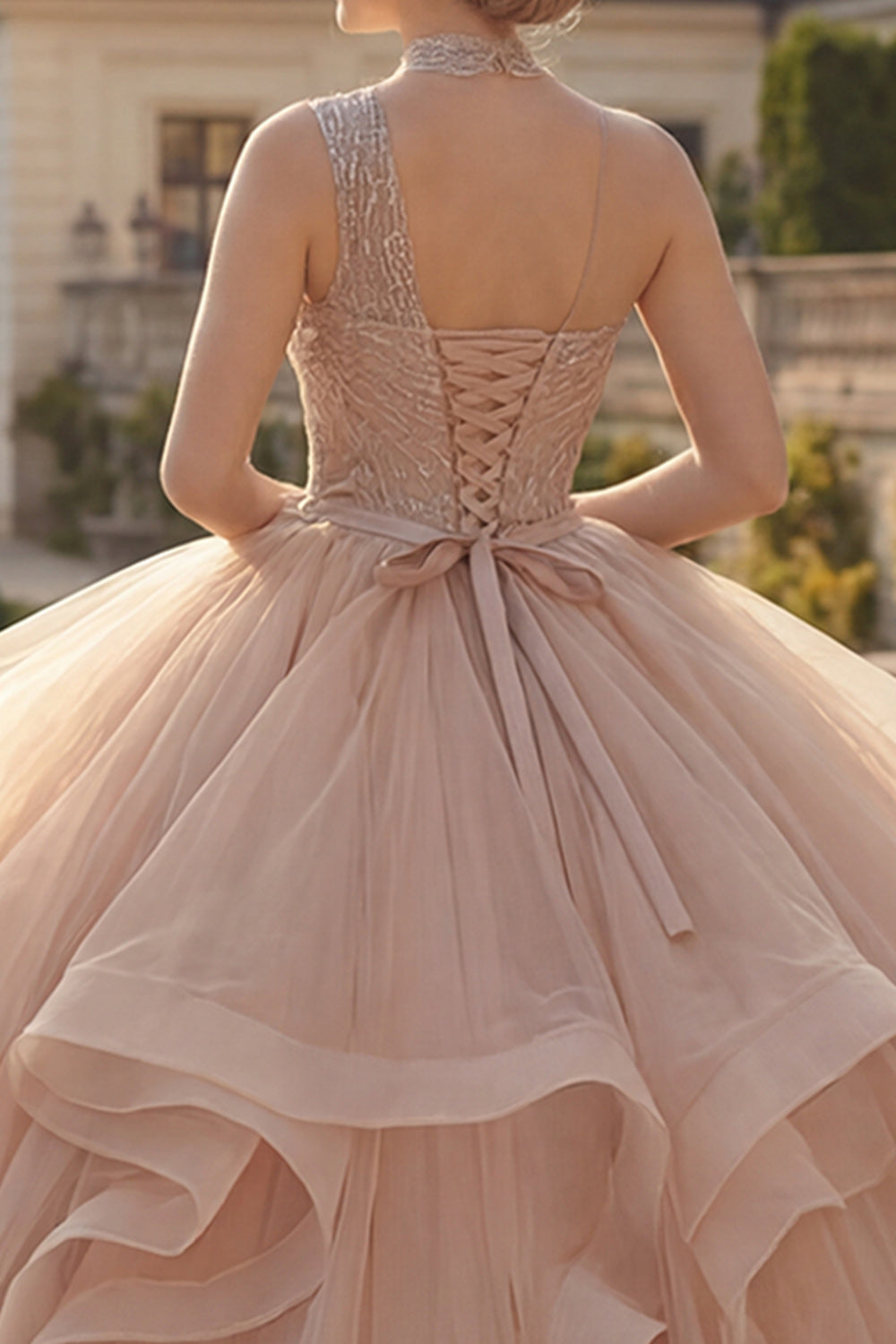 Sparkly Champagne Ruffled Princess Long Tulle Quinceanera Dress with Beading