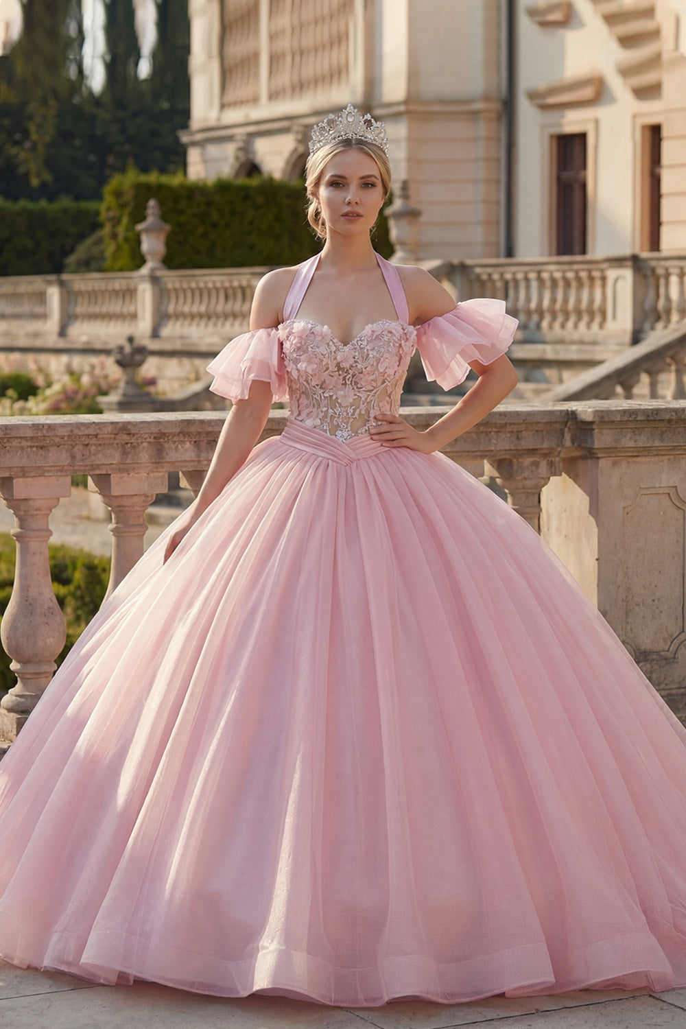 Sparkly Pink Floral Halter Princess Ruffled Long Quinceanera Dress with Beading