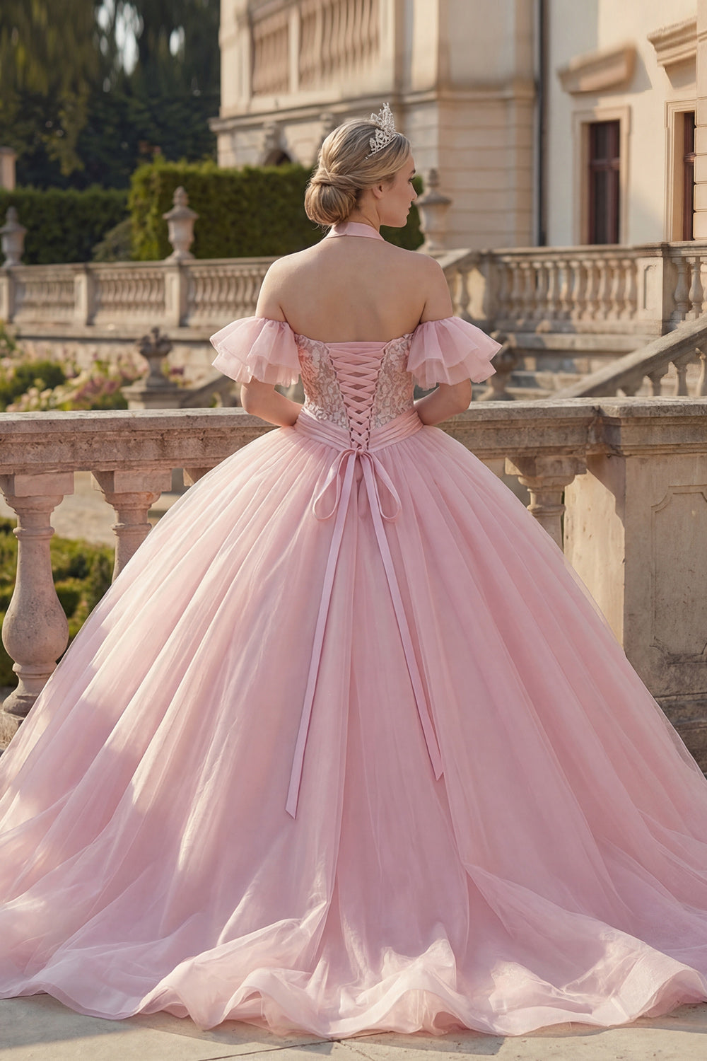 Sparkly Pink Floral Halter Princess Ruffled Long Quinceanera Dress with Beading