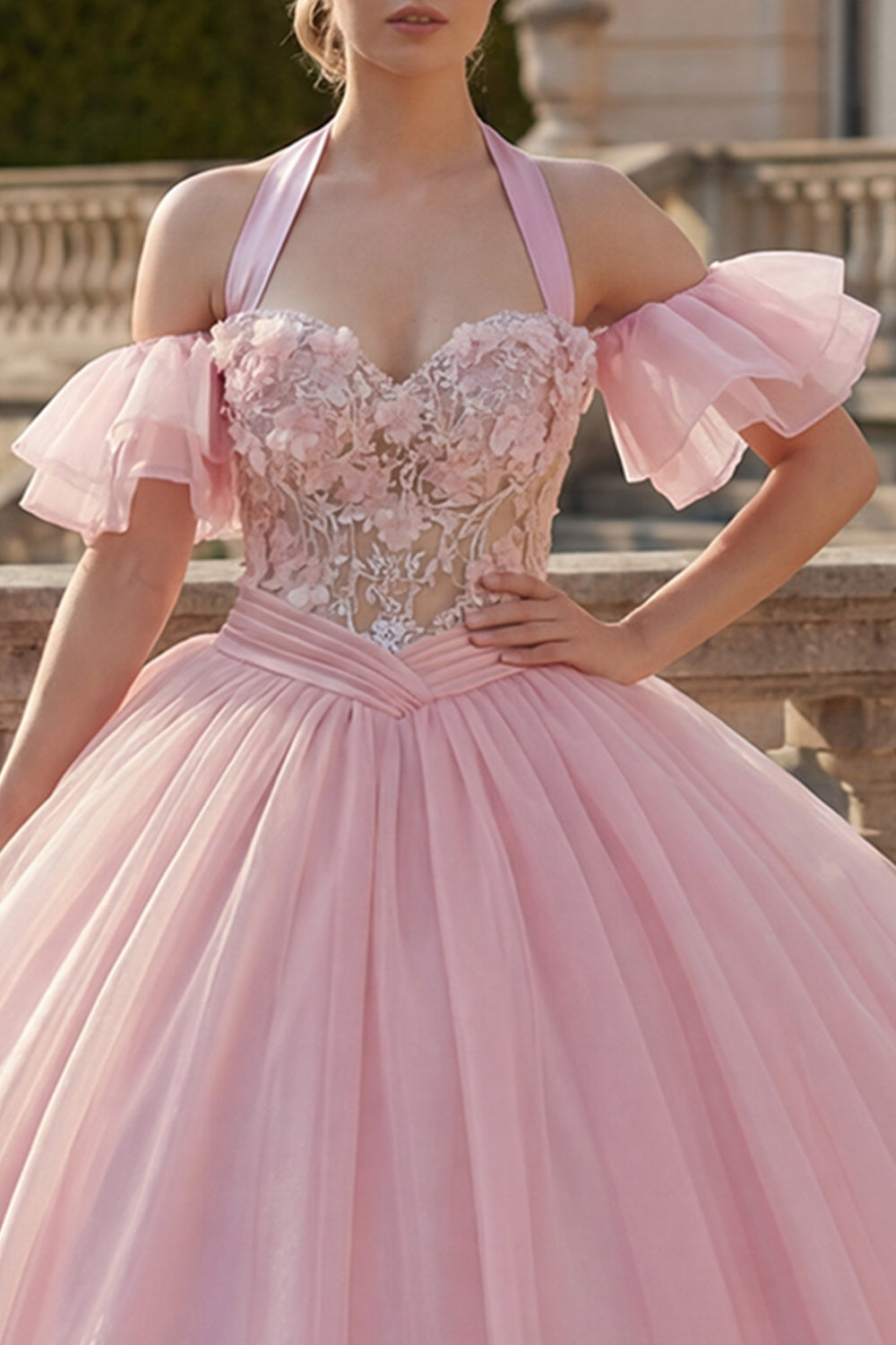 Sparkly Pink Floral Halter Princess Ruffled Long Quinceanera Dress with Beading