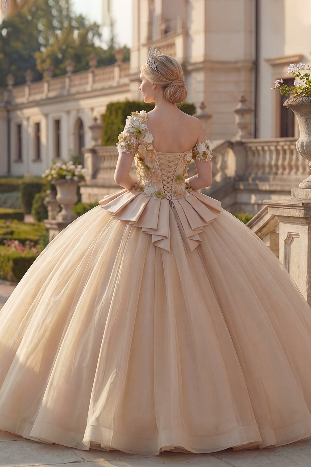 Champagne One Shoulder Floral Princess Long Quinceanera Dress with Ruffles