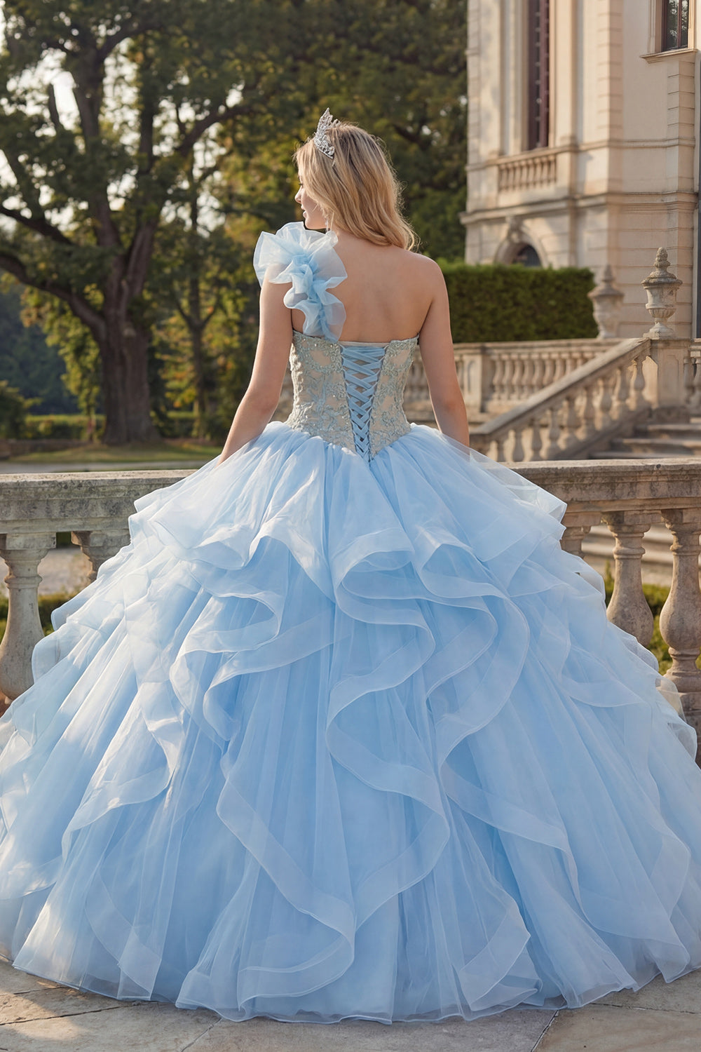 Sky Blue Long Ruffled One Shoulder Princess Quinceanera Dress with Lace