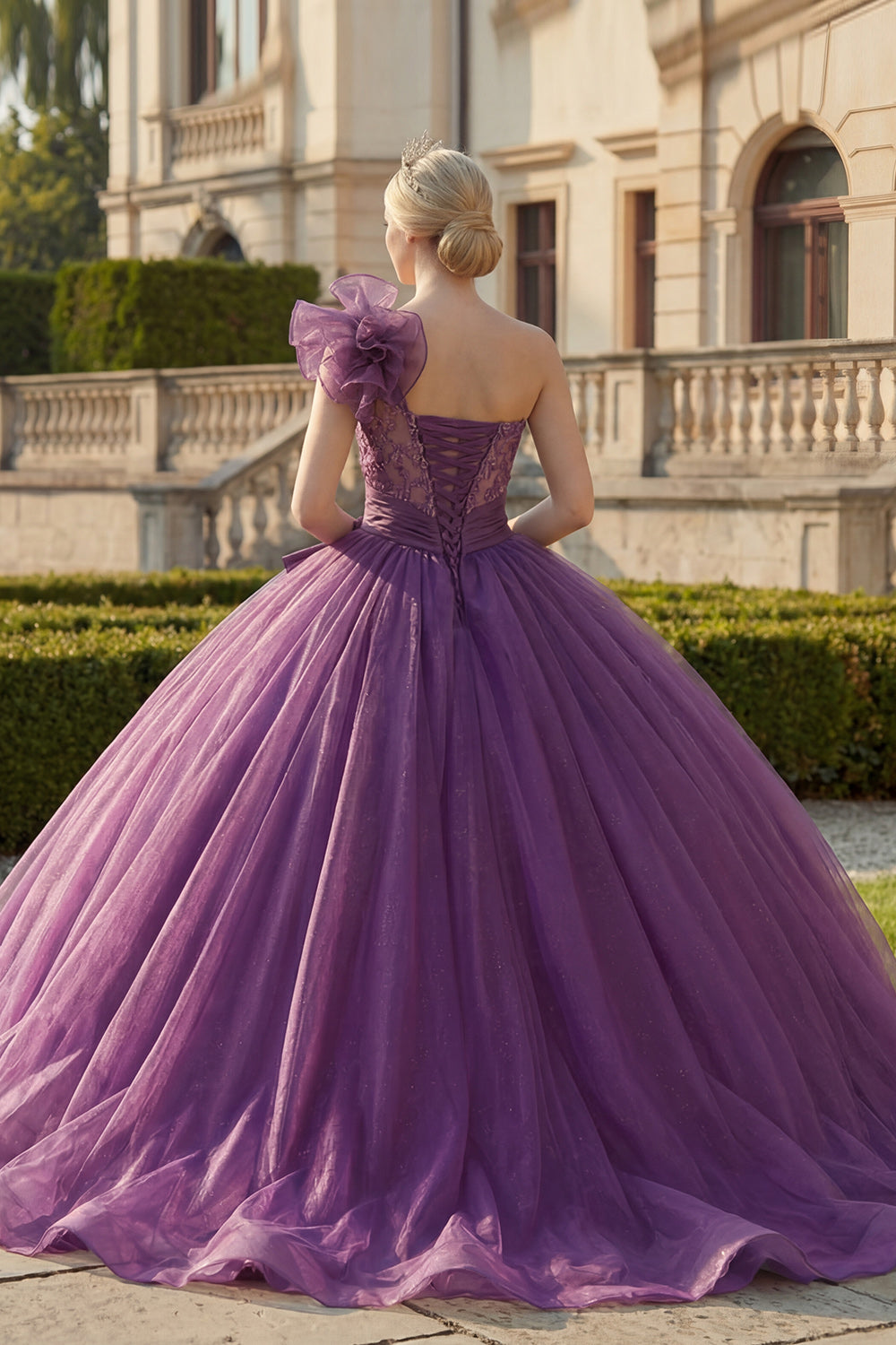 Glitter Dark Purple Long Ruffled Princess Quinceanera Dress with Beading