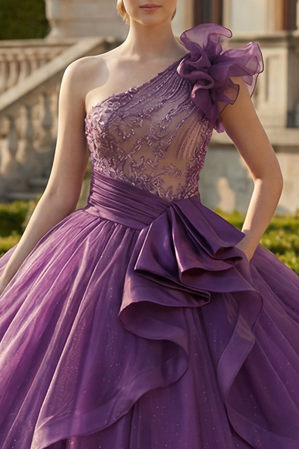Glitter Dark Purple Long Ruffled Princess Quinceanera Dress with Beading