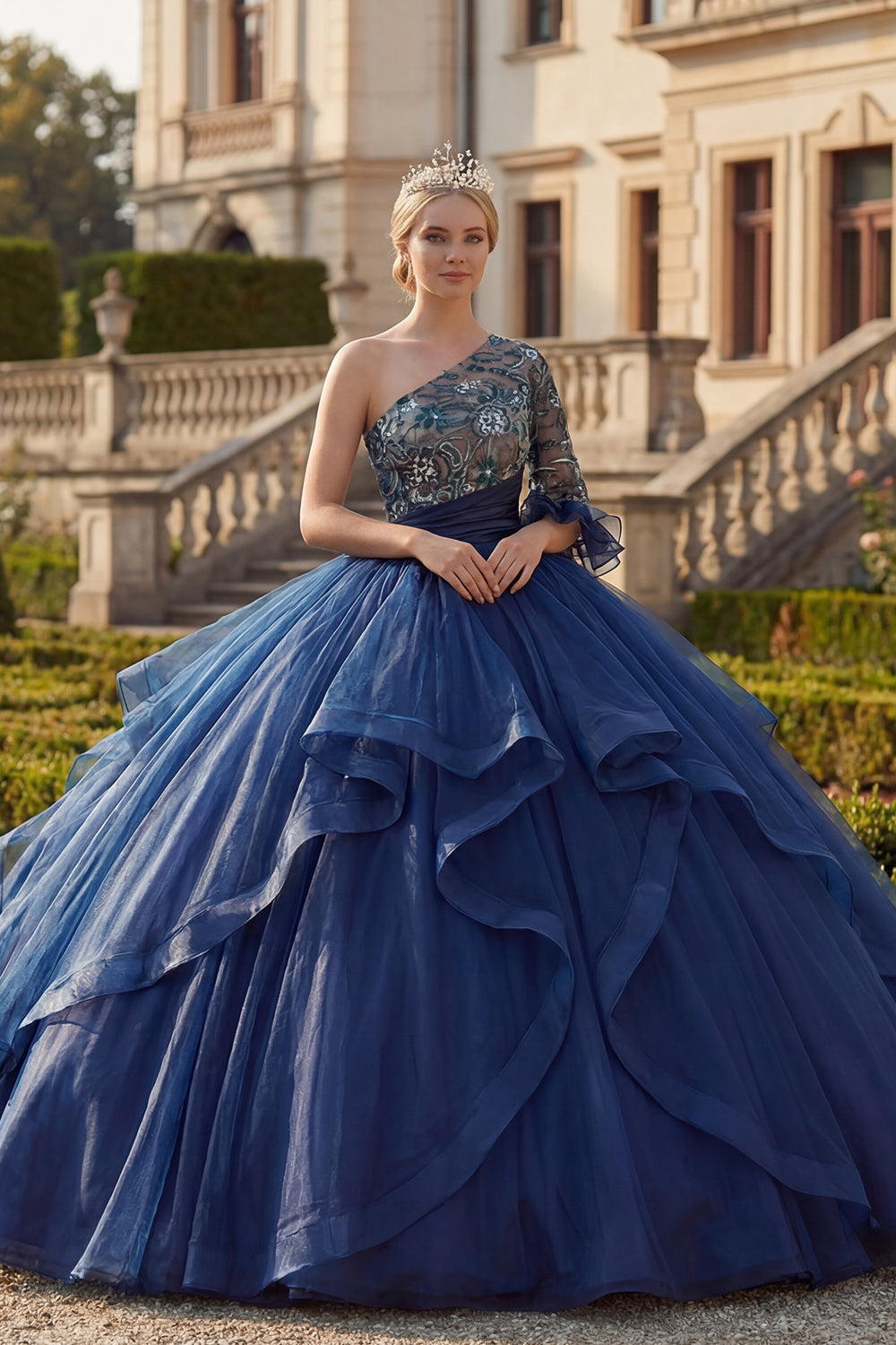 Navy Ruffled Floral One Shoulder Princess Long Quinceanera Dress with Sleeves