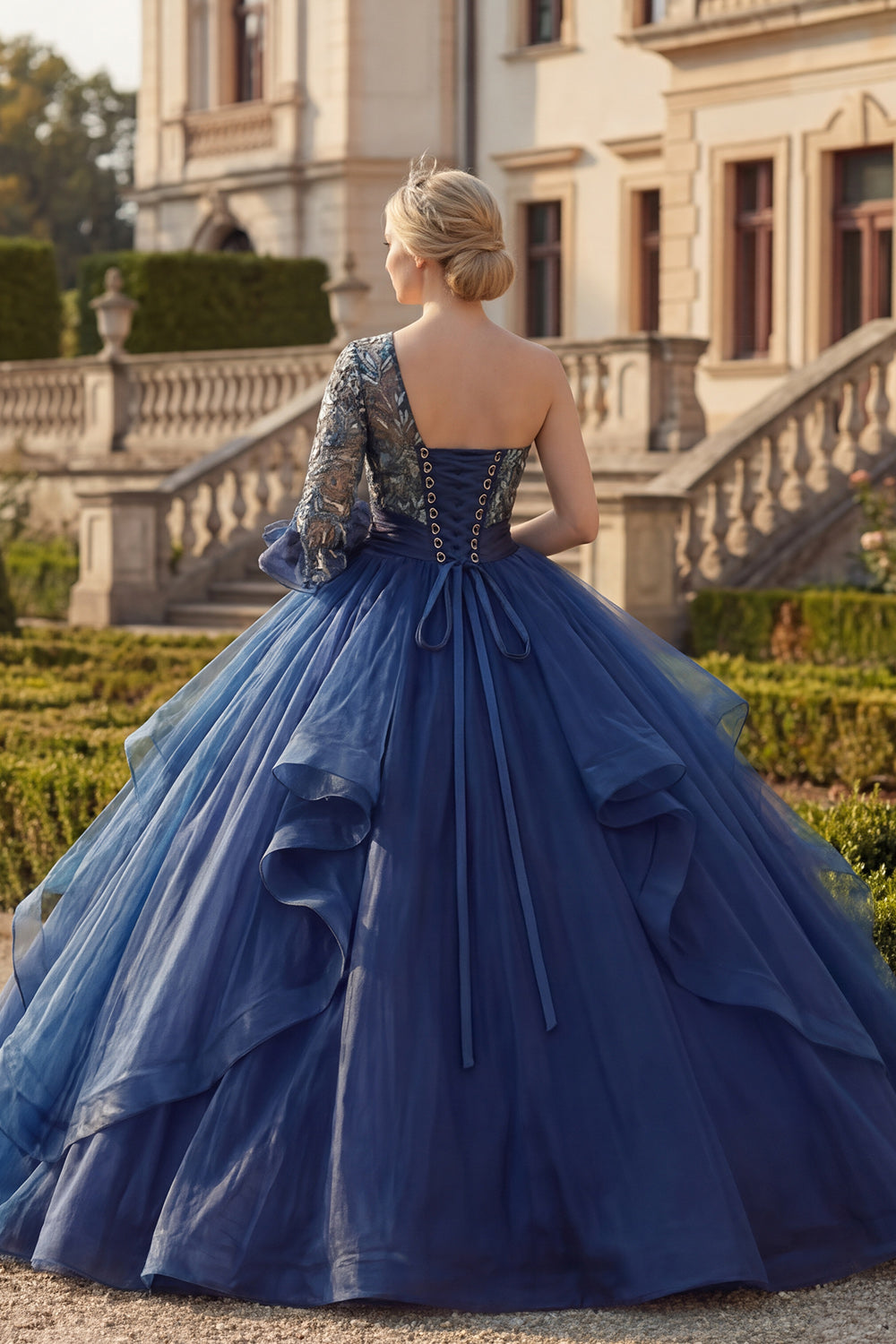 Navy Ruffled Floral One Shoulder Princess Long Quinceanera Dress with Sleeves