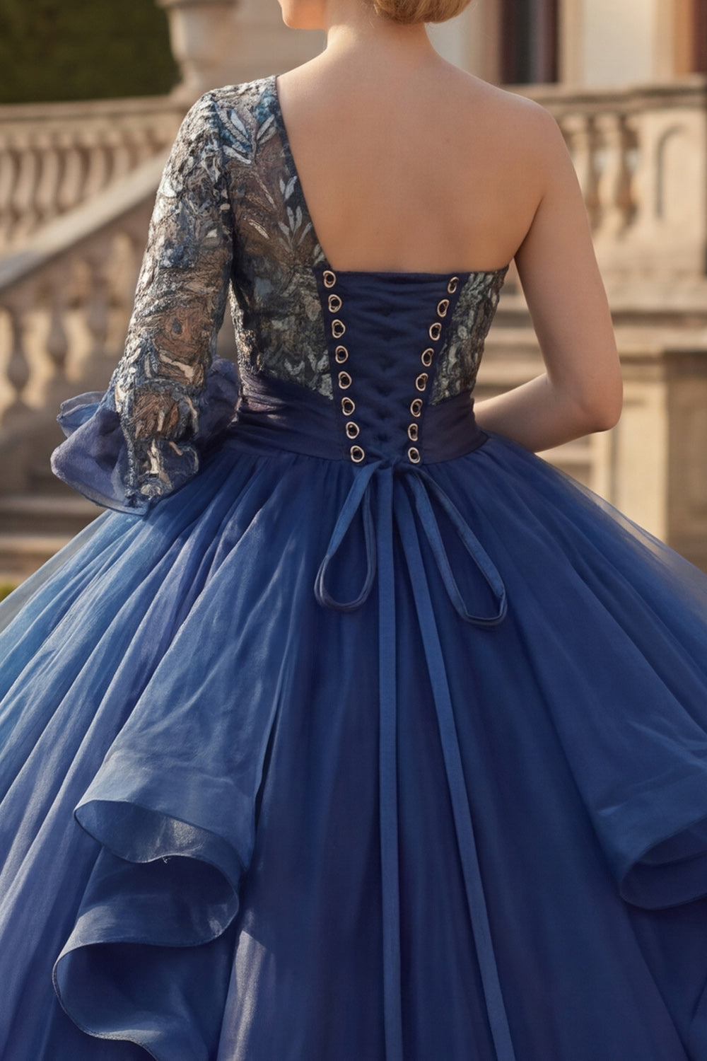 Navy Ruffled Floral One Shoulder Princess Long Quinceanera Dress with Sleeves