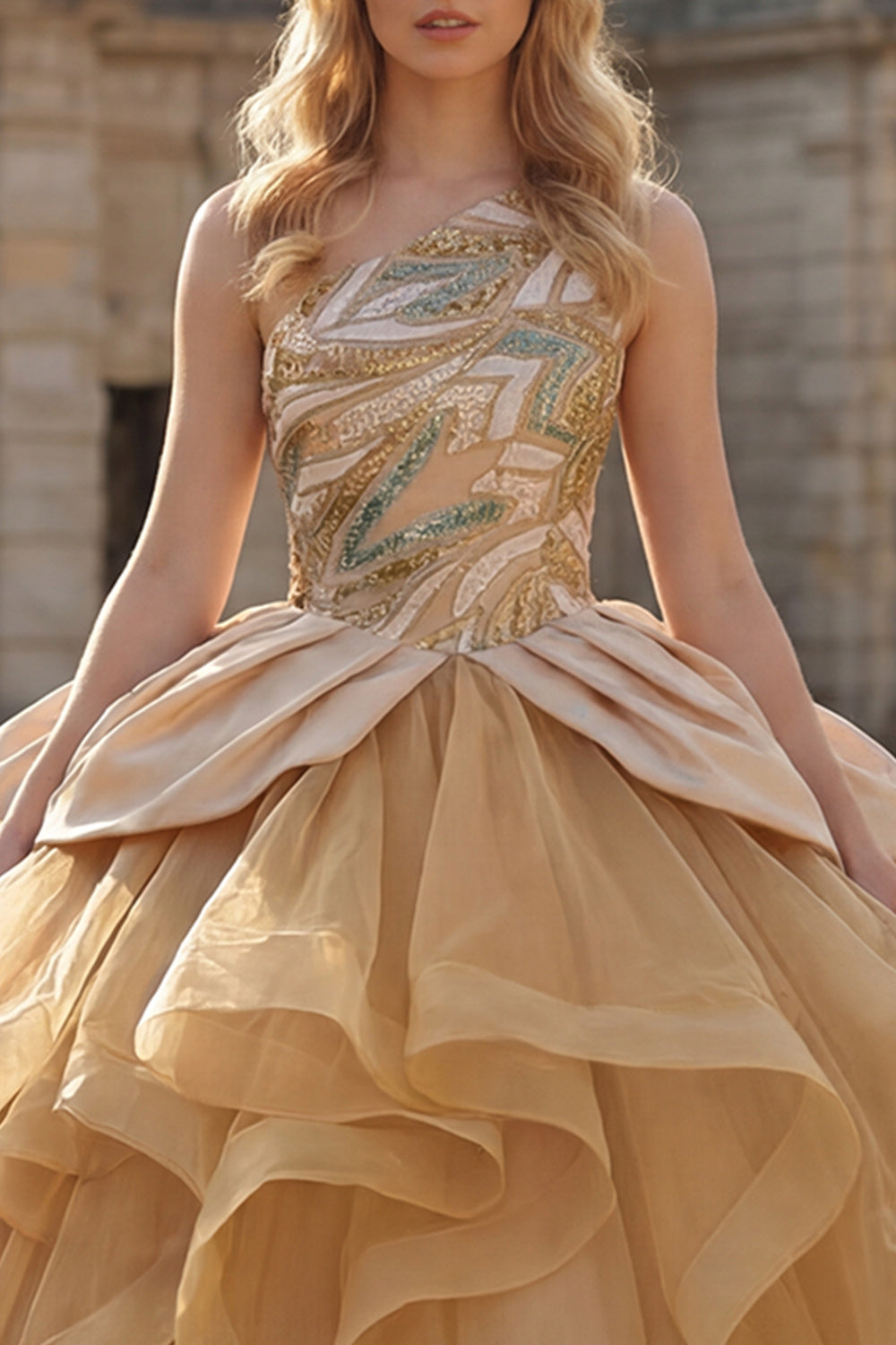 Sparkly Champagne Ruffled Long Sequin Ball Gown Princess Quinceanera Dress