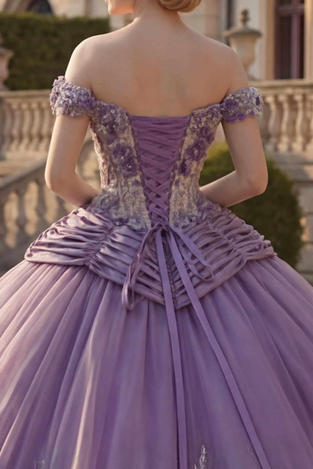 Purple Off the Shoulder Floral Tulle Ruched Princess Long Quinceanera Dress