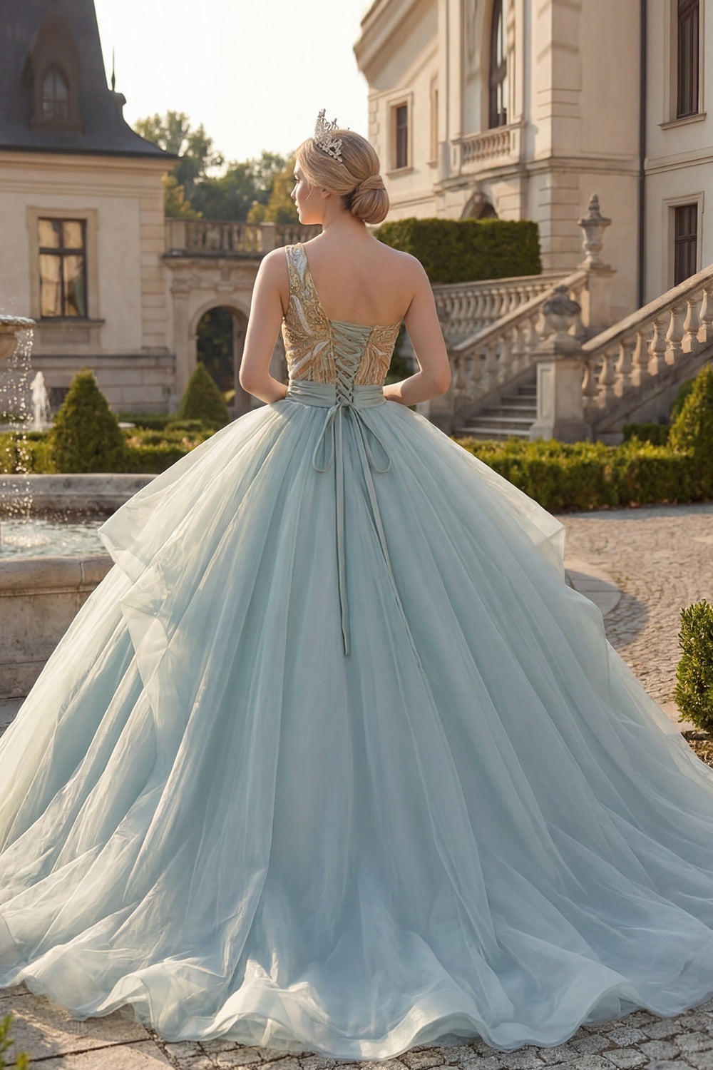 Sparkly Dusty Blue Tulle Sequin Long Princess Quinceanera Dress with Ruffles