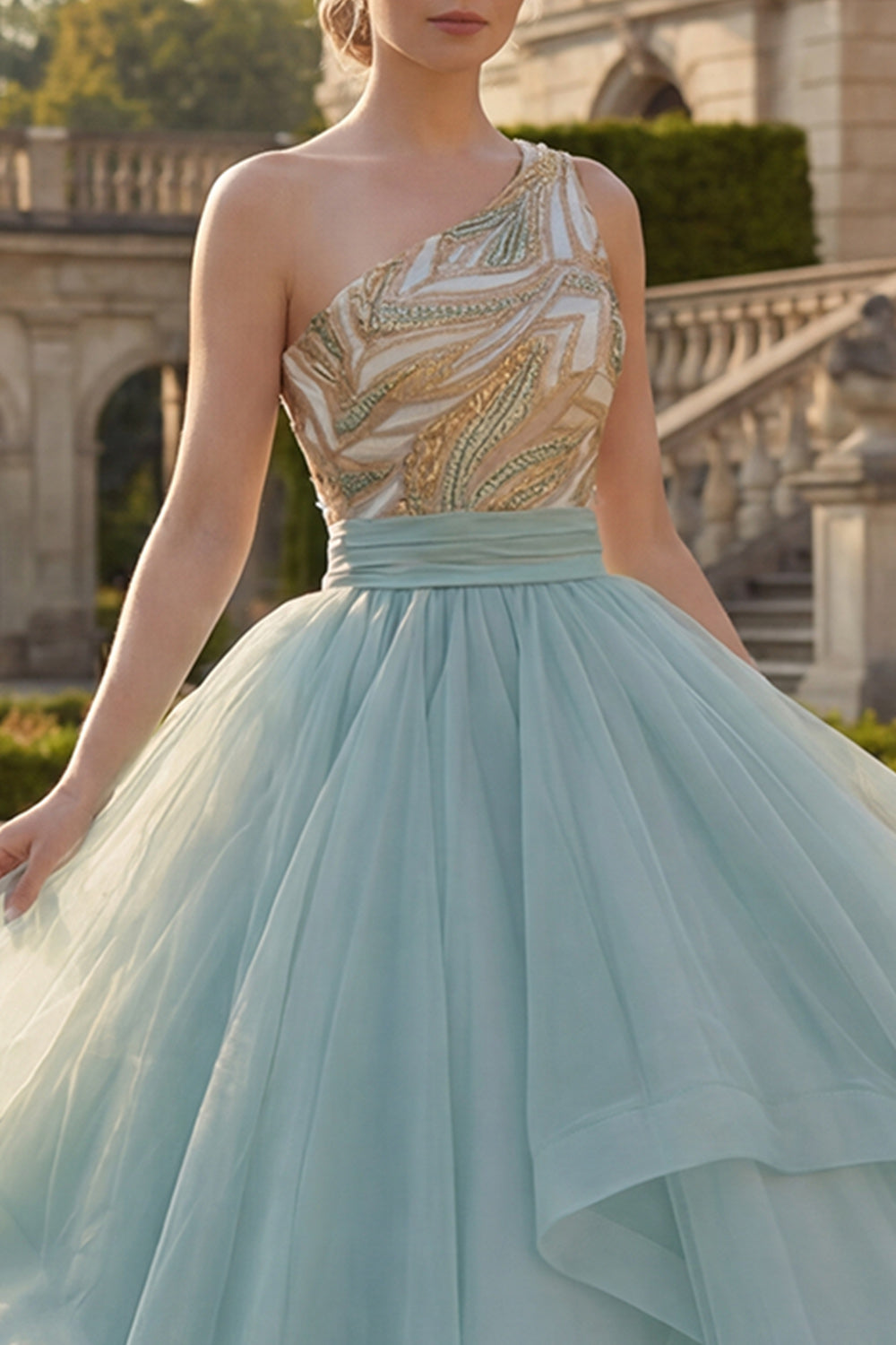 Sparkly Dusty Blue Tulle Sequin Long Princess Quinceanera Dress with Ruffles