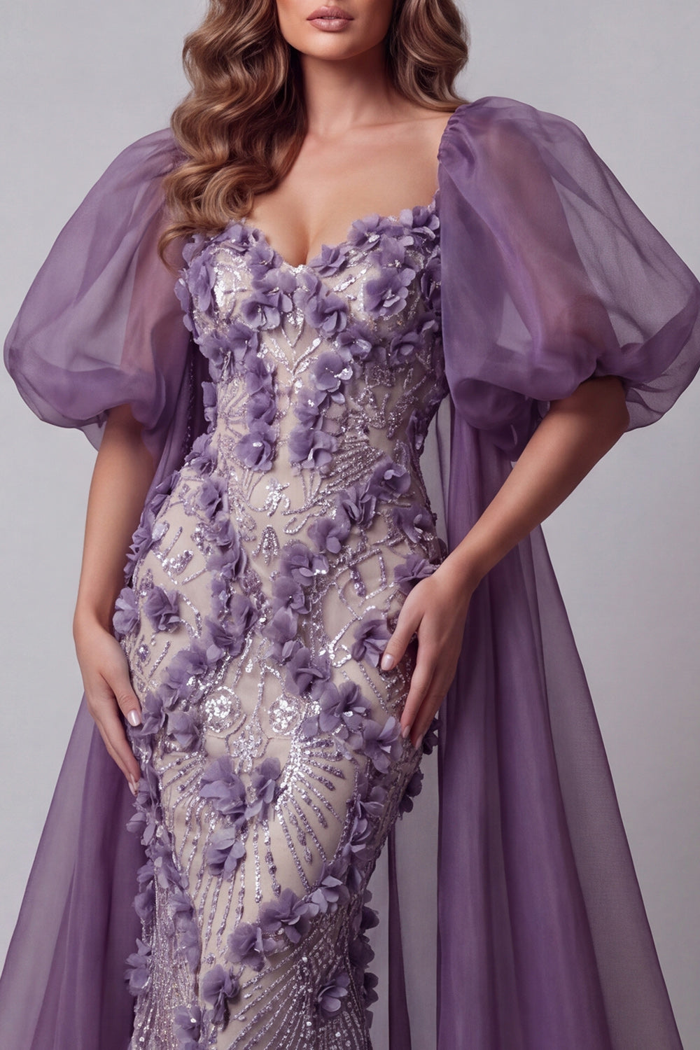 Sparkly Purple Floral Mermaid Long Puff Sleeves Beaded Pageant Dress with Cape