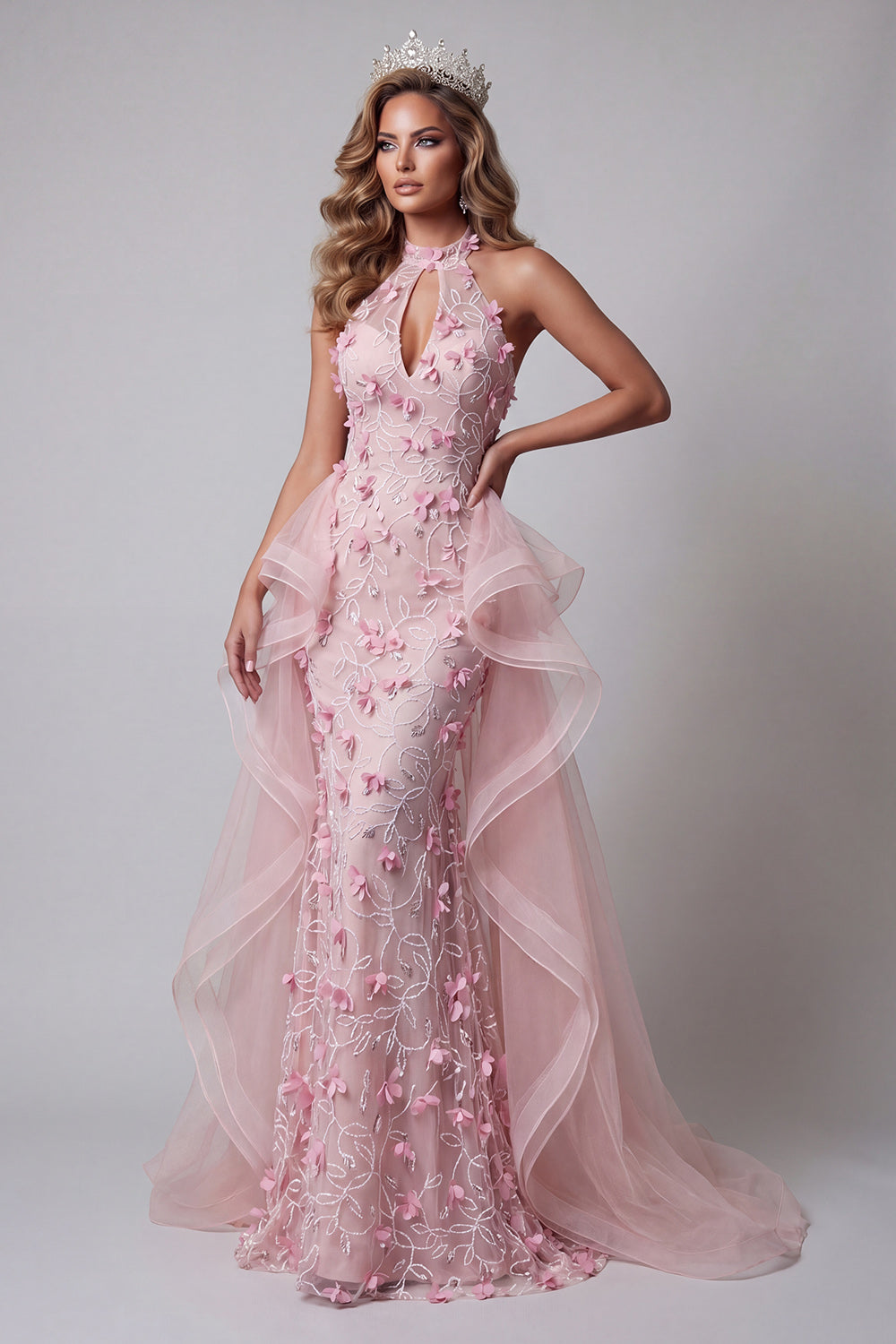 Pink Keyhole Floral Mermaid Ruffled Long Halter Pageant Dress with Cape
