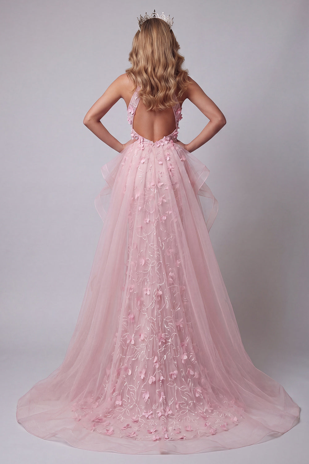 Pink Keyhole Floral Mermaid Ruffled Long Halter Pageant Dress with Cape