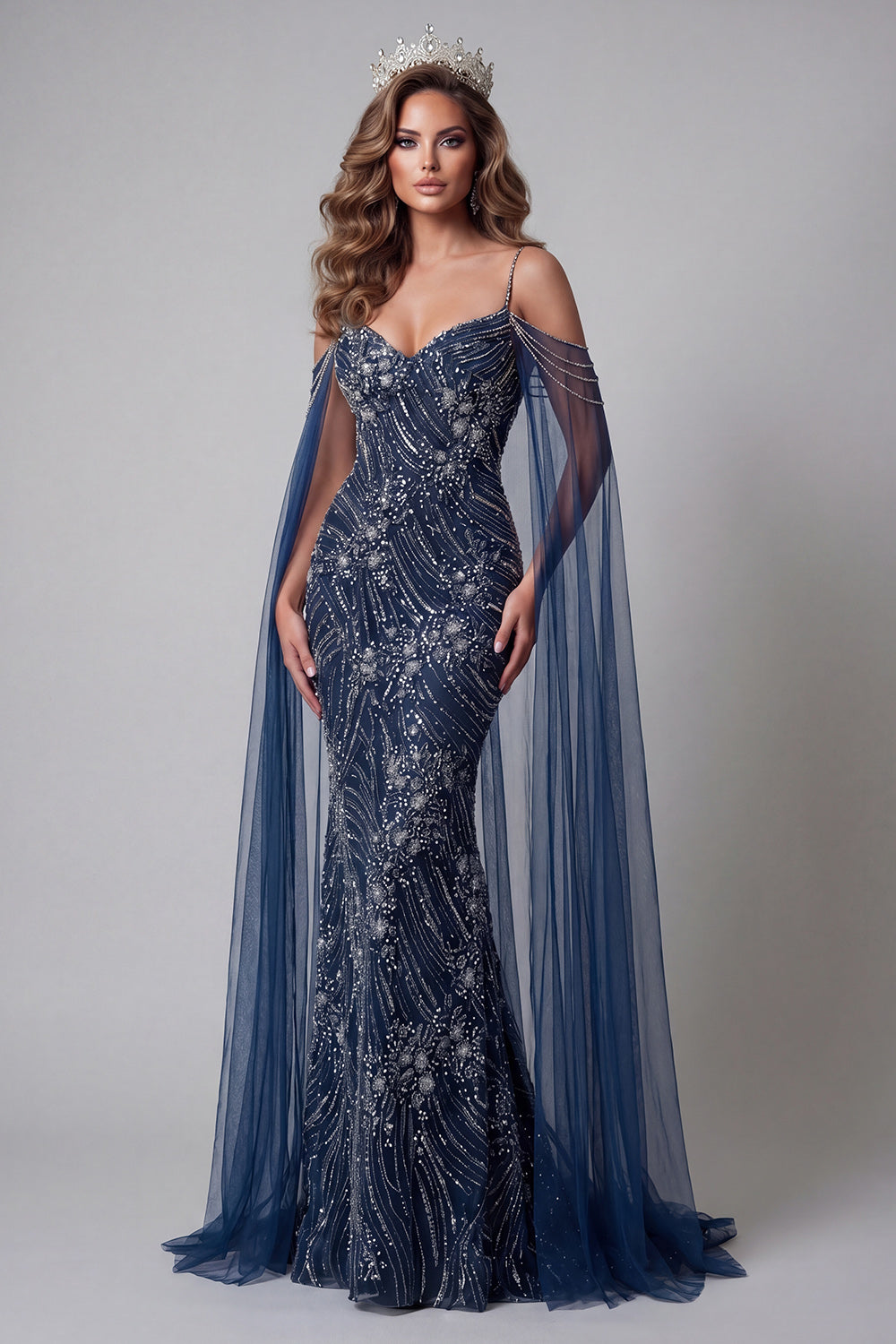 Sparkly Cold Shoulder Navy Mermaid Long Beaded Pageant Dress with Cape