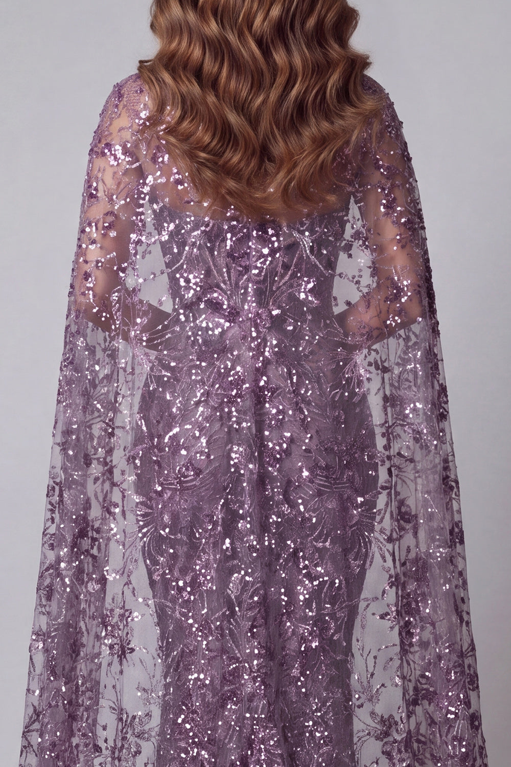 Sparkly Purple Long Floral Mermaid Beaded Pageant Dress with Cape