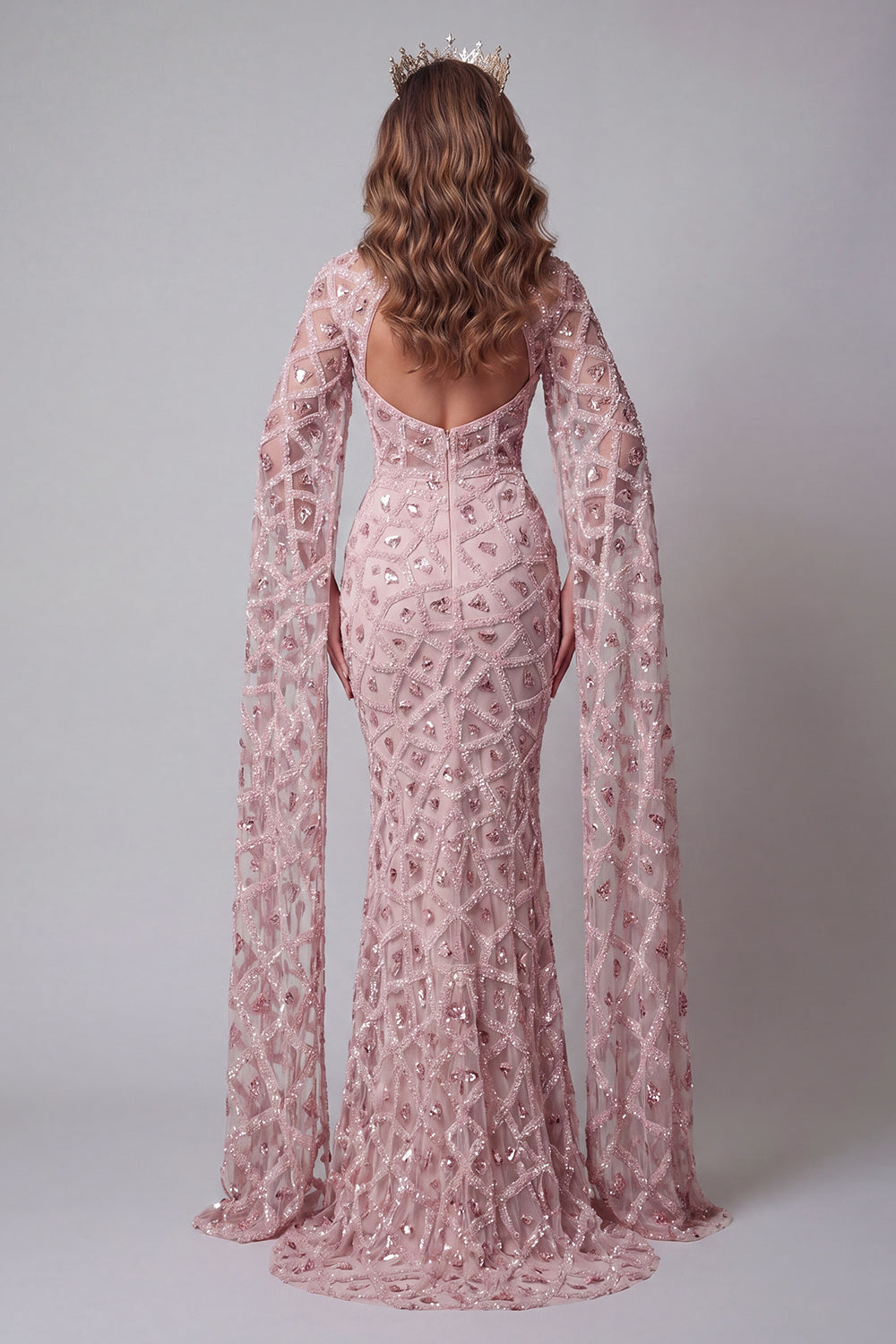 Sparkly Blush Open Back Mermaid High Neck Long Beaded Pageant Dress with Cape