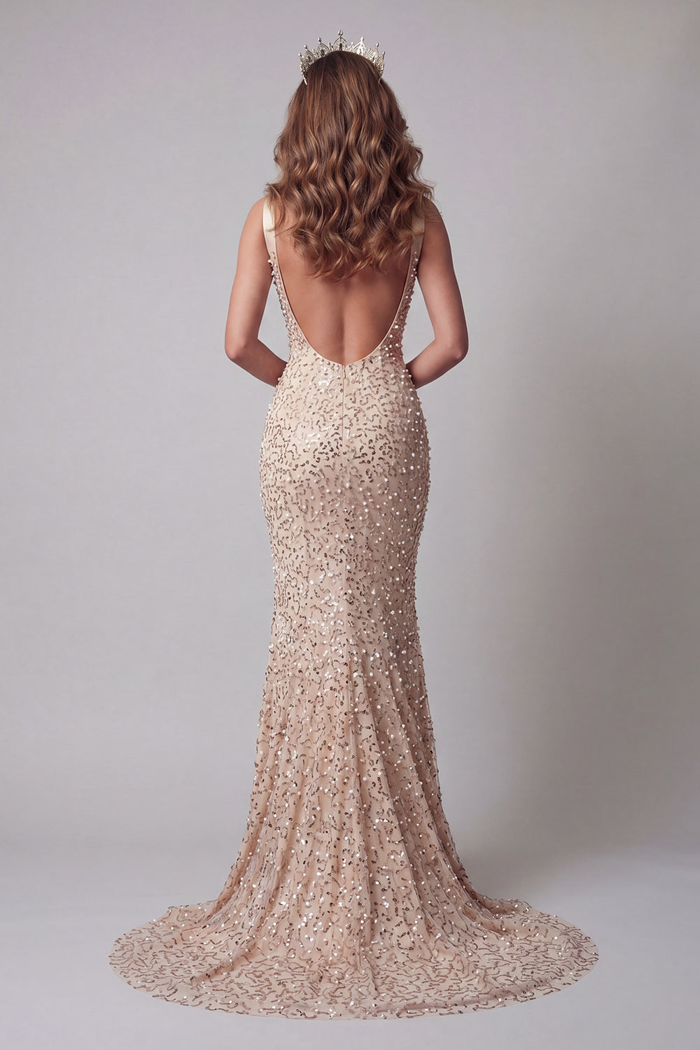 Sparkly Champagne Long V-Neck Mermaid Beaded Pageant Dress with Pearls
