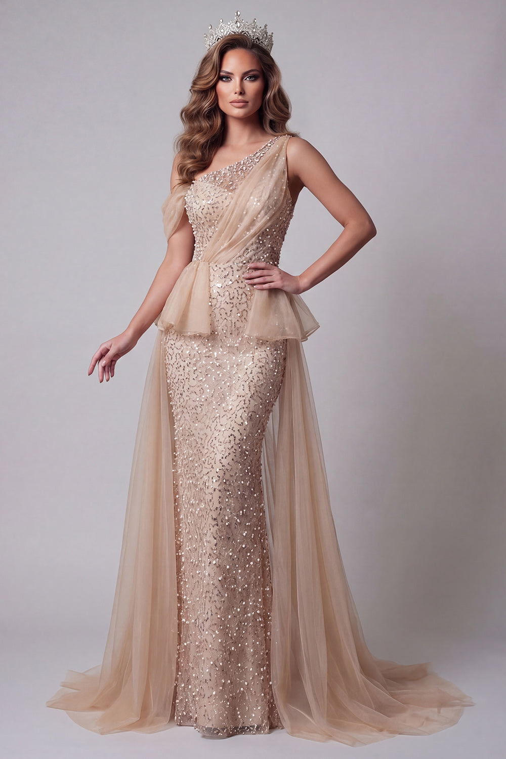 Sparkly Champagne One Shoulder Beaded Mermaid Long Pageant Dress with Pearls