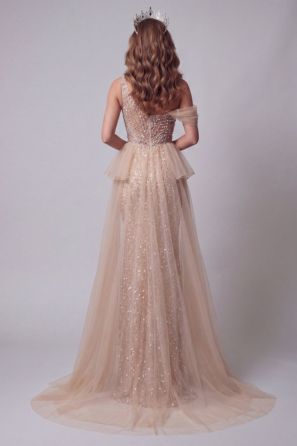Sparkly Champagne One Shoulder Beaded Mermaid Long Pageant Dress with Pearls