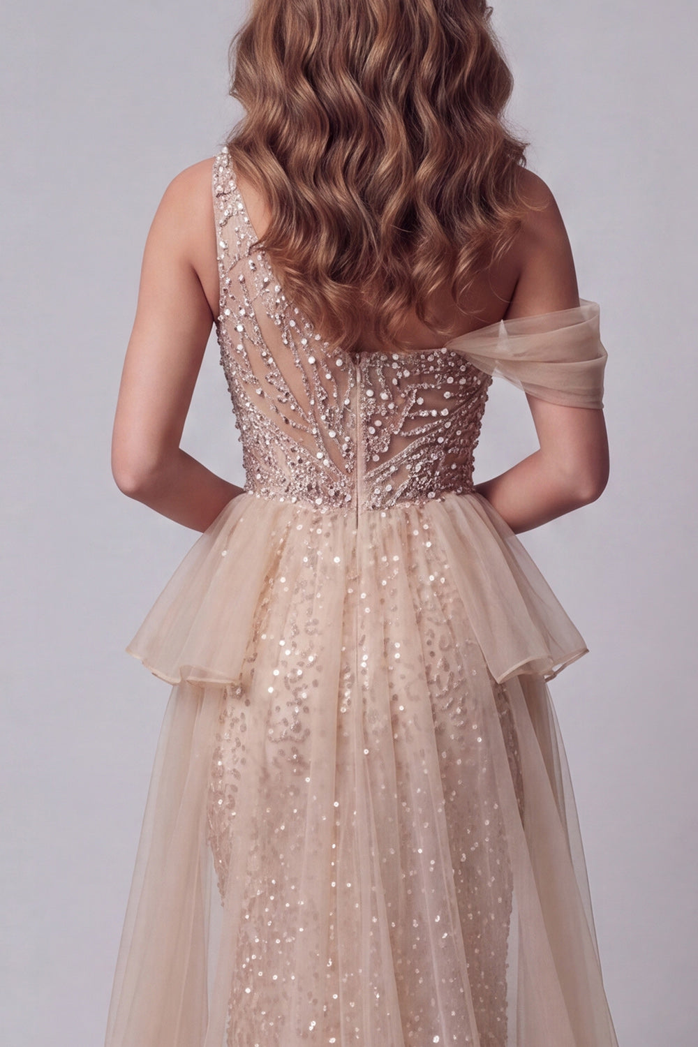 Sparkly Champagne One Shoulder Beaded Mermaid Long Pageant Dress with Pearls
