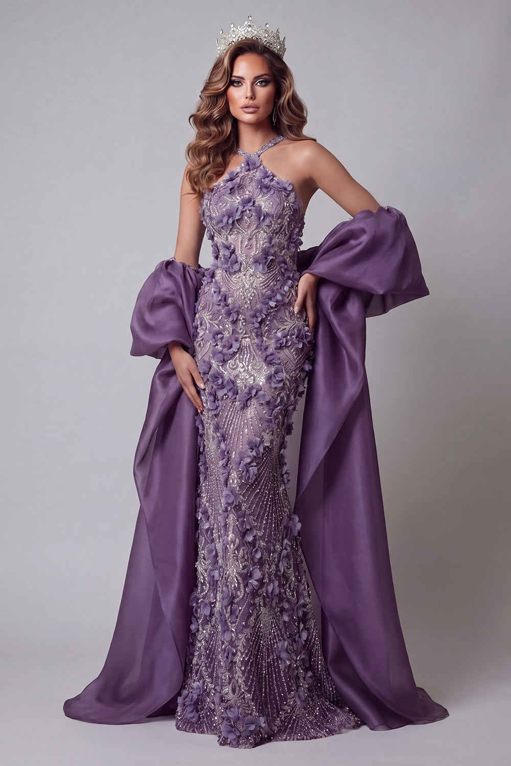 Sparkly Halter Purple Mermaid Long Floral Beaded Pageant Dress with Cape